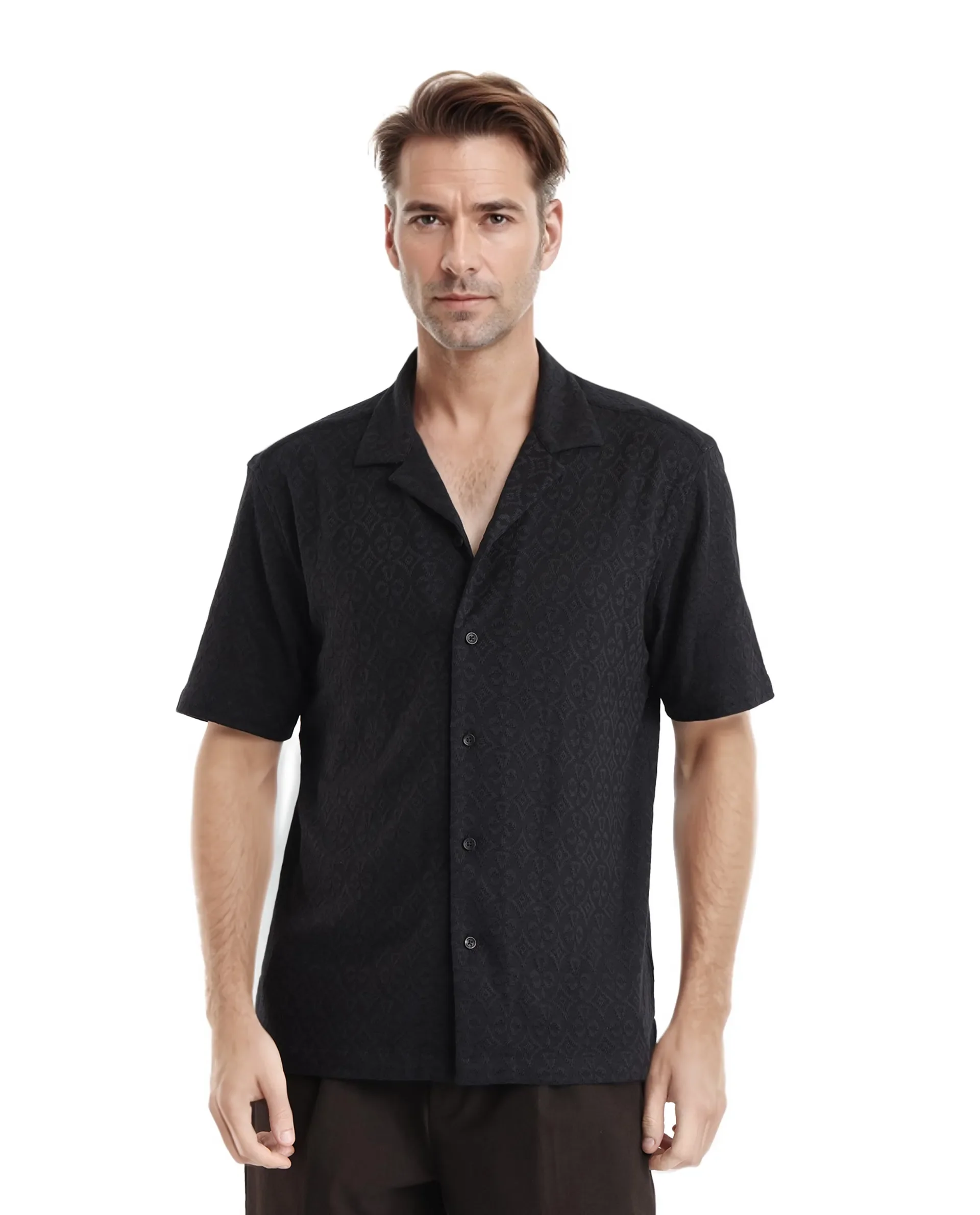 Rare Rabbit Men's Accra Black Cotton Blend Jacquard Boxy Fit Half Sleeve Cuban Collar Shirt