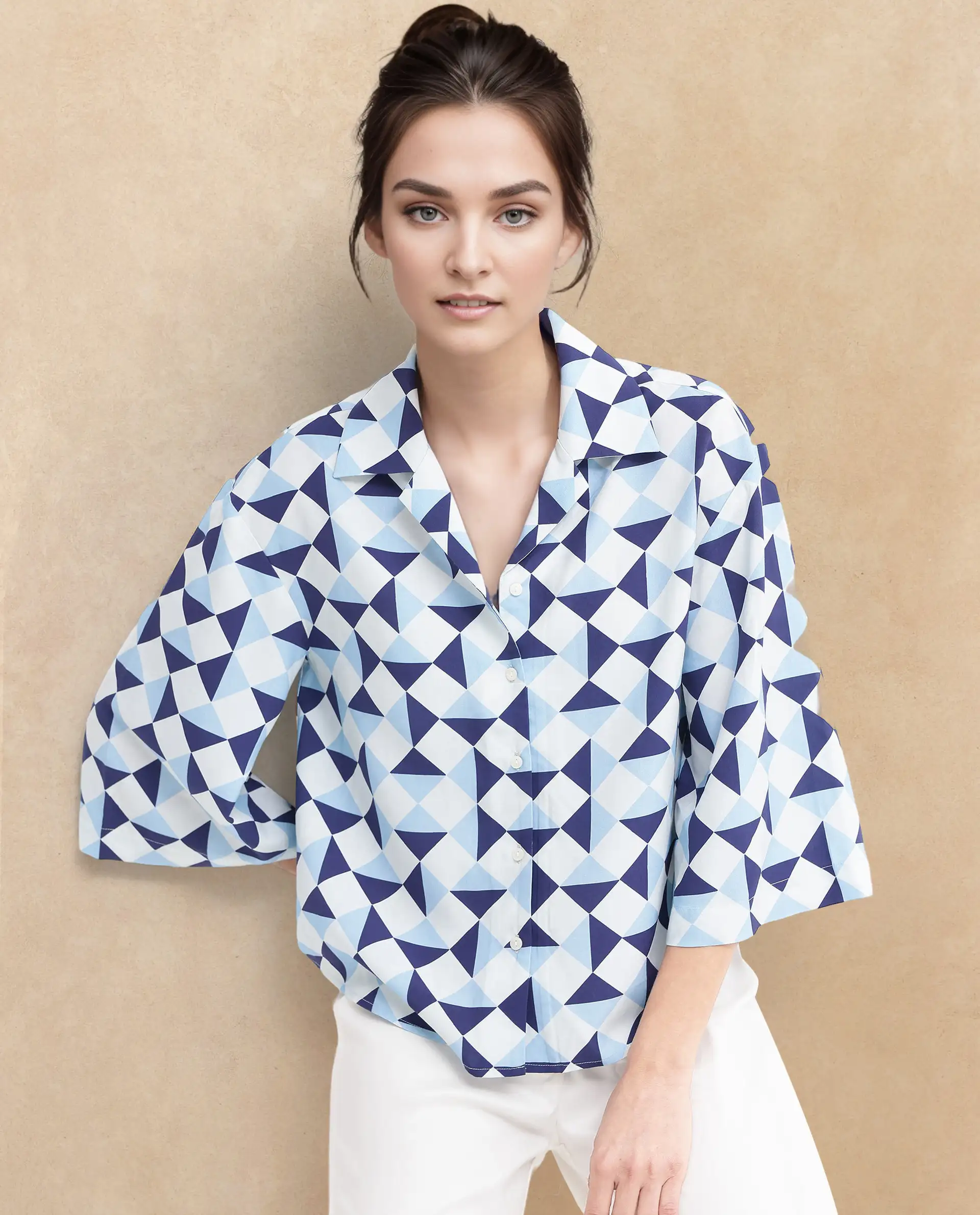 Rareism Women's Acerra Blue Viscose Blend Drop Collar Geometric Print Regular Fit Shirt