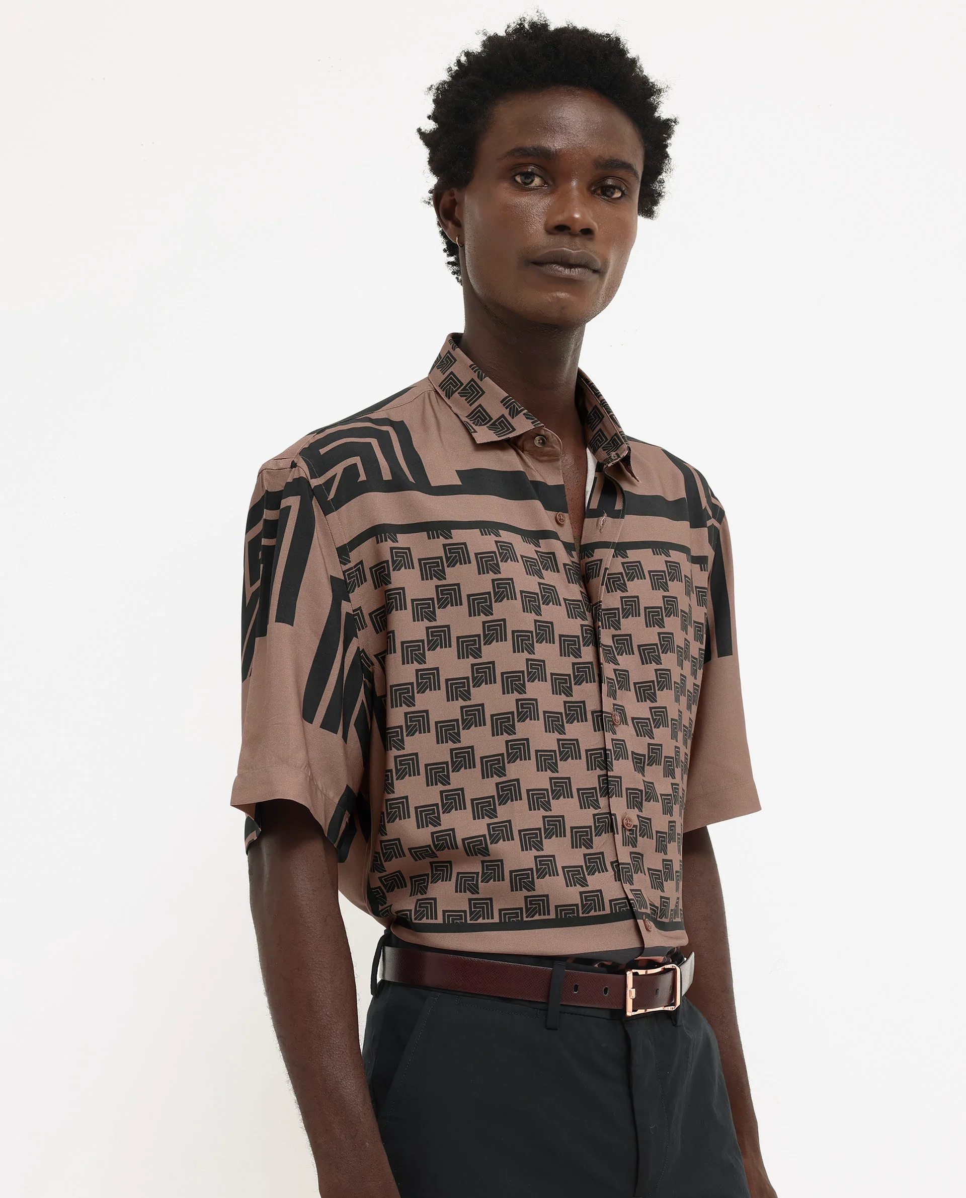 Rare Rabbit Men's Ade Brown Viscose Monogram Print Boxy Fit Half Sleeve Collared Shirt