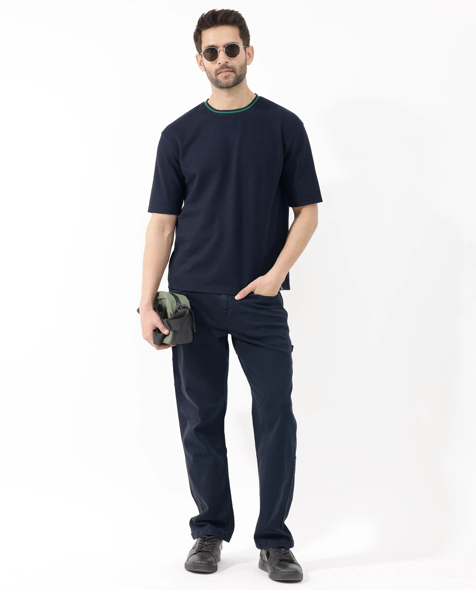 Rare Rabbit Men's Adiso Navy Cotton Blend Plain Oversized Fit Half Sleeve Crew Neck T-Shirt - Image 5