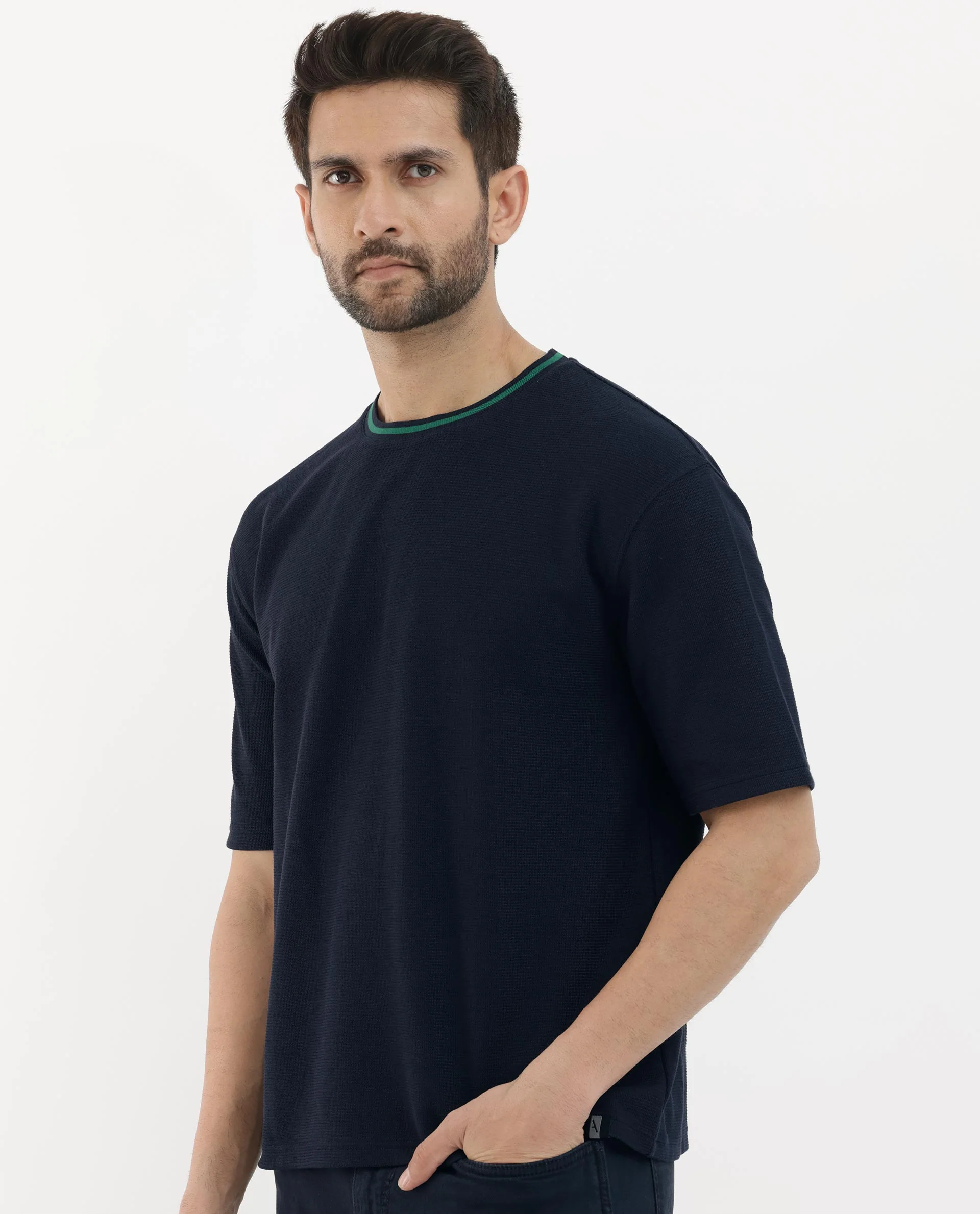 Rare Rabbit Men's Adiso Navy Cotton Blend Plain Oversized Fit Half Sleeve Crew Neck T-Shirt - Image 7