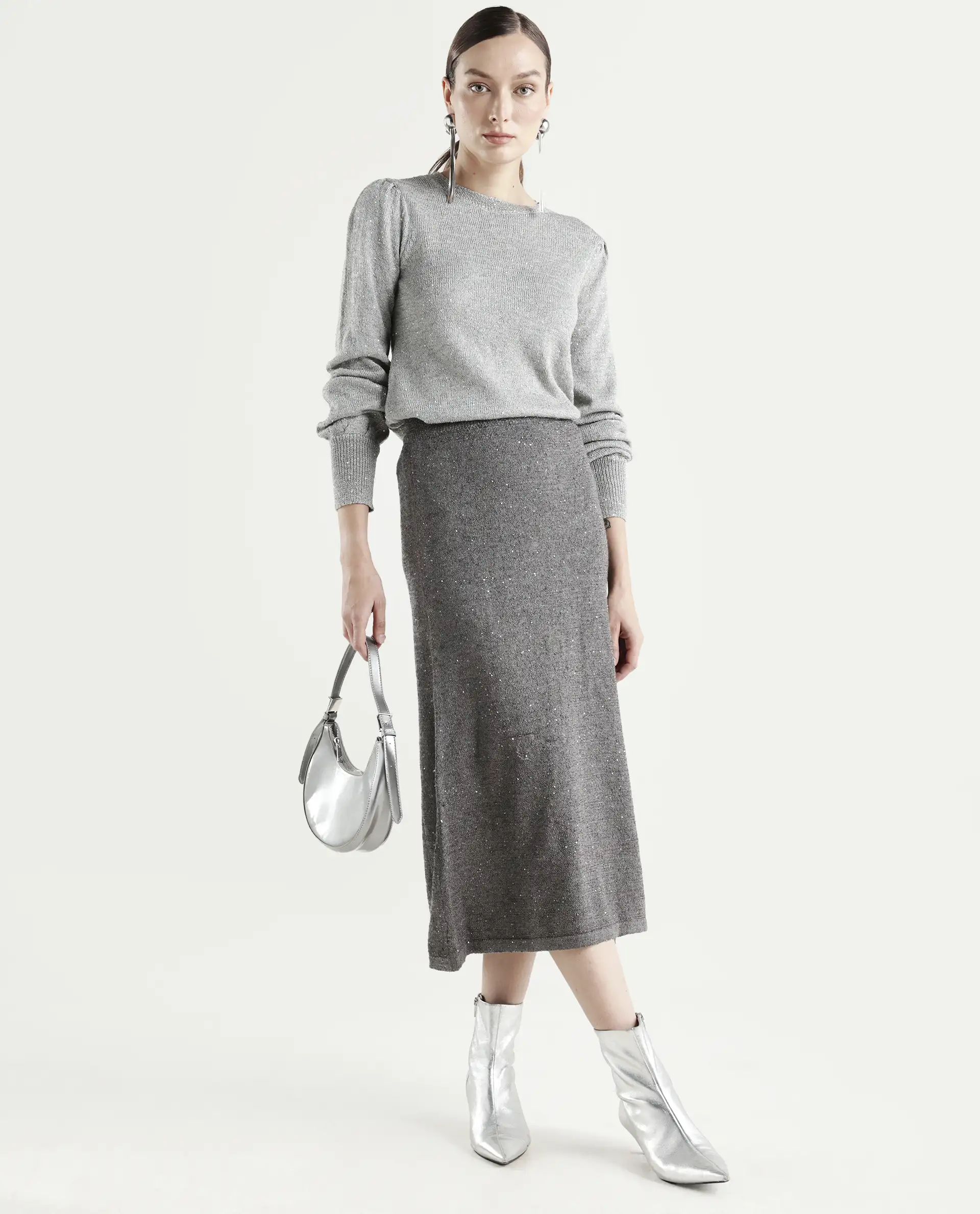 Rareism Women's Adiyaman B Dark Grey Polyester Plain Midi A-Line Skirt