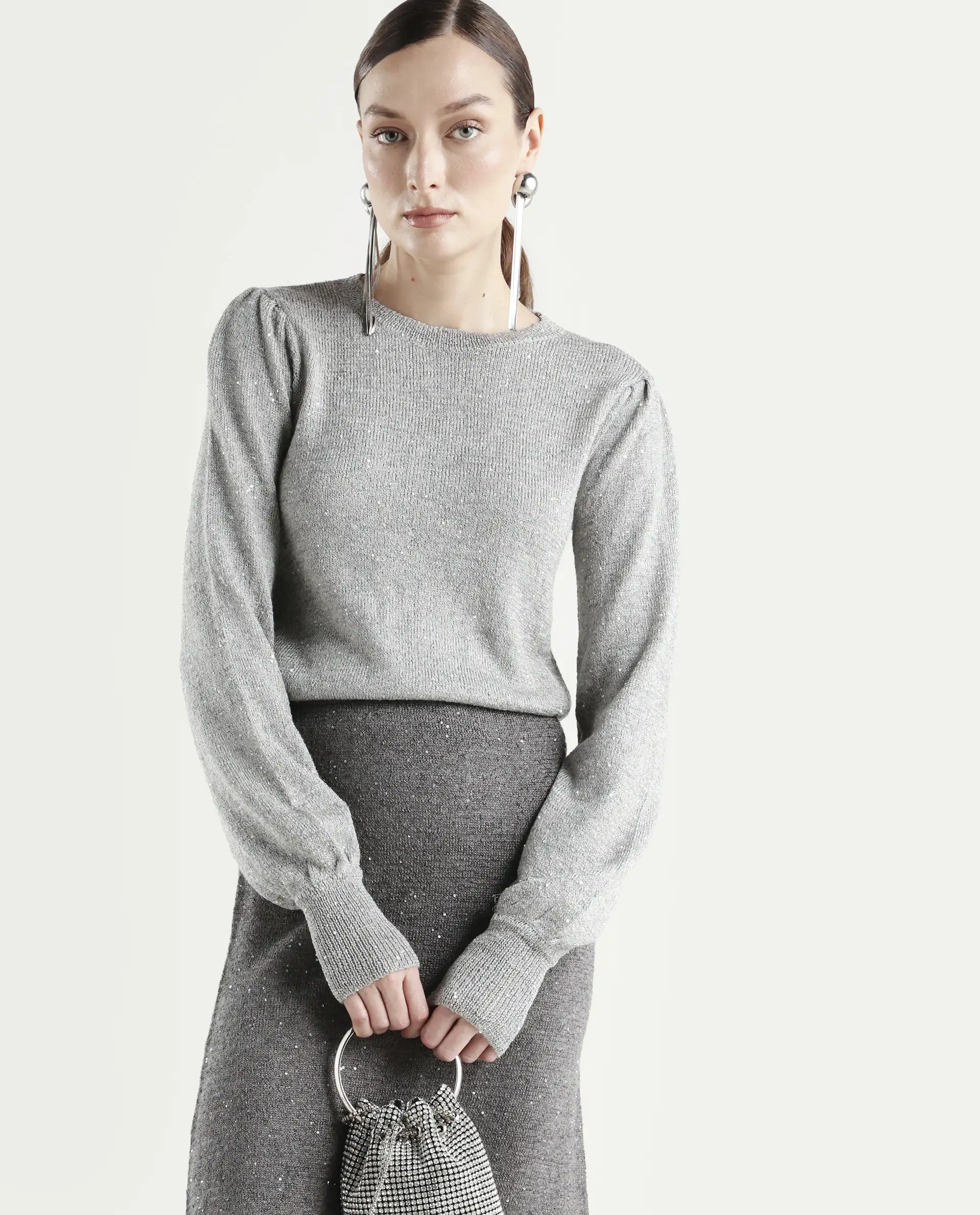 Rareism Women's Adiyaman T Grey Polyester Crew Neck Plain Regular Fit Sweater
