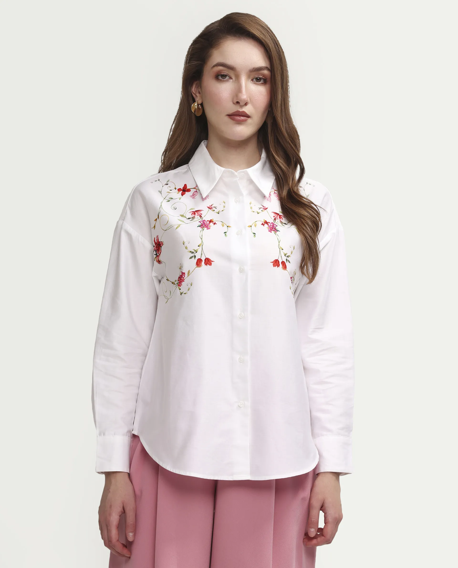 Rareism Women's Aerie Off White Cotton Full Sleeve Oversize Fit Floral Print Shirt - Image 3