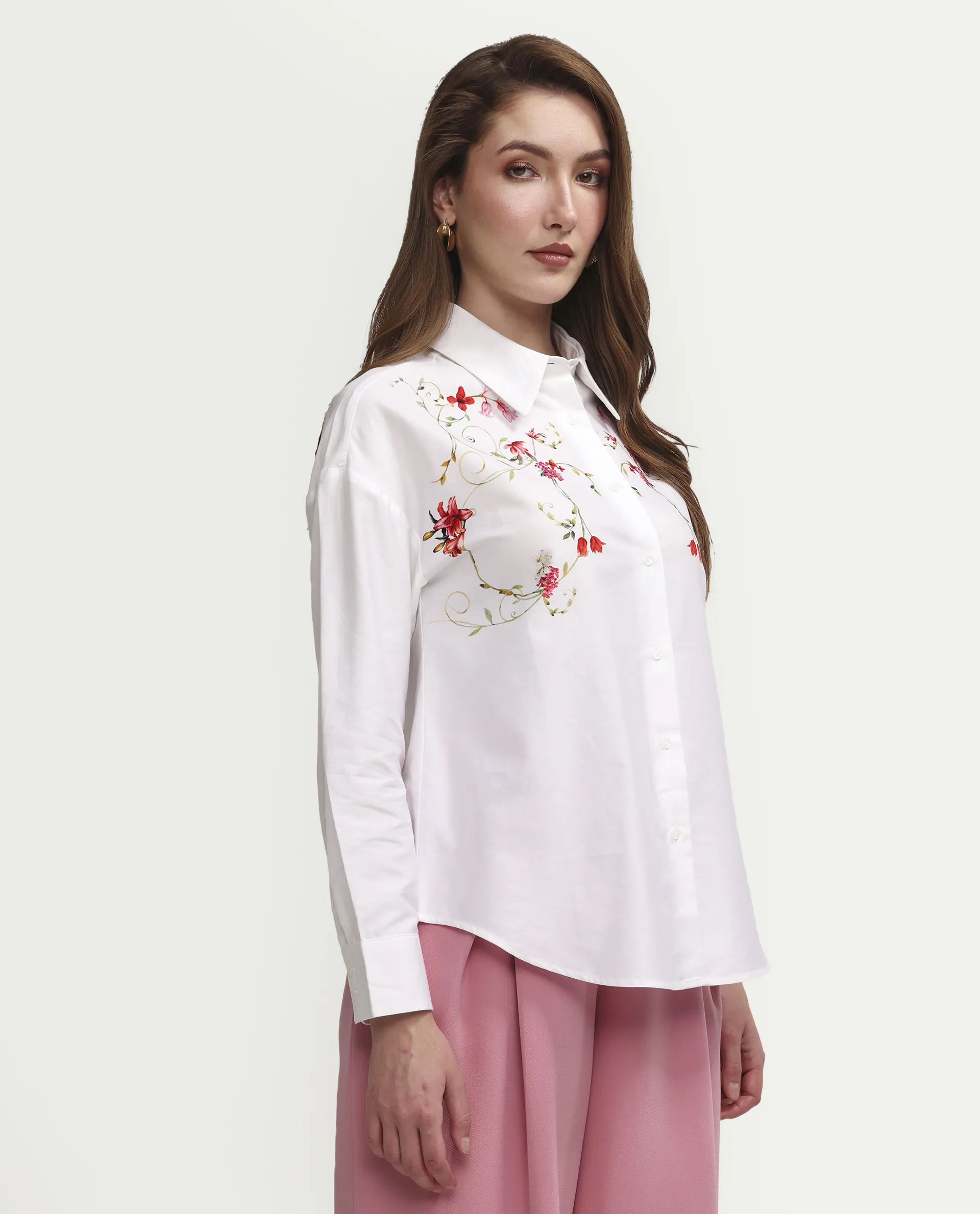 Rareism Women's Aerie Off White Cotton Full Sleeve Oversize Fit Floral Print Shirt - Image 6