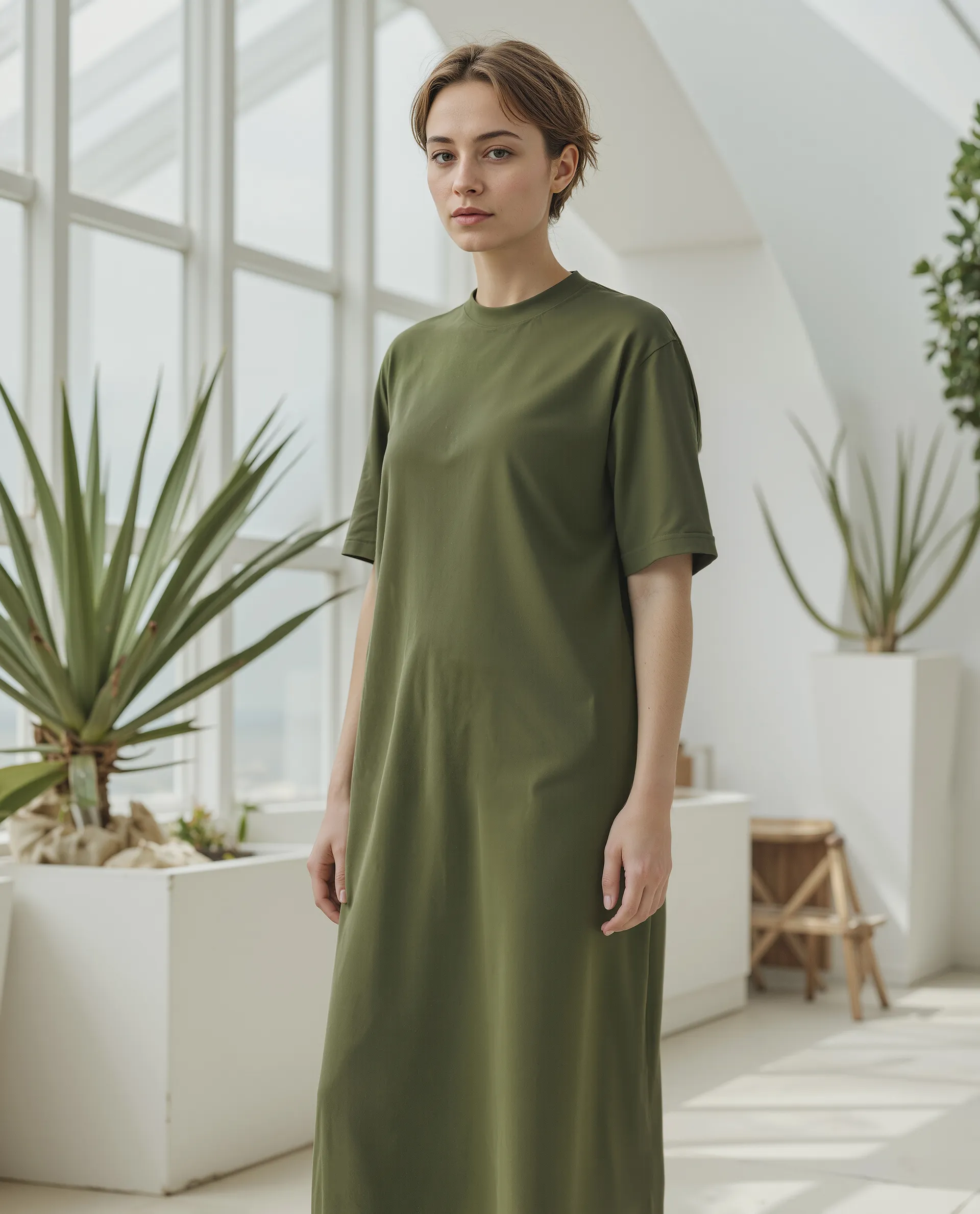 Rareism Women's Afrinca Olive Cotton Blend Crew Neck Plain Maxi Relaxed Fit Dress