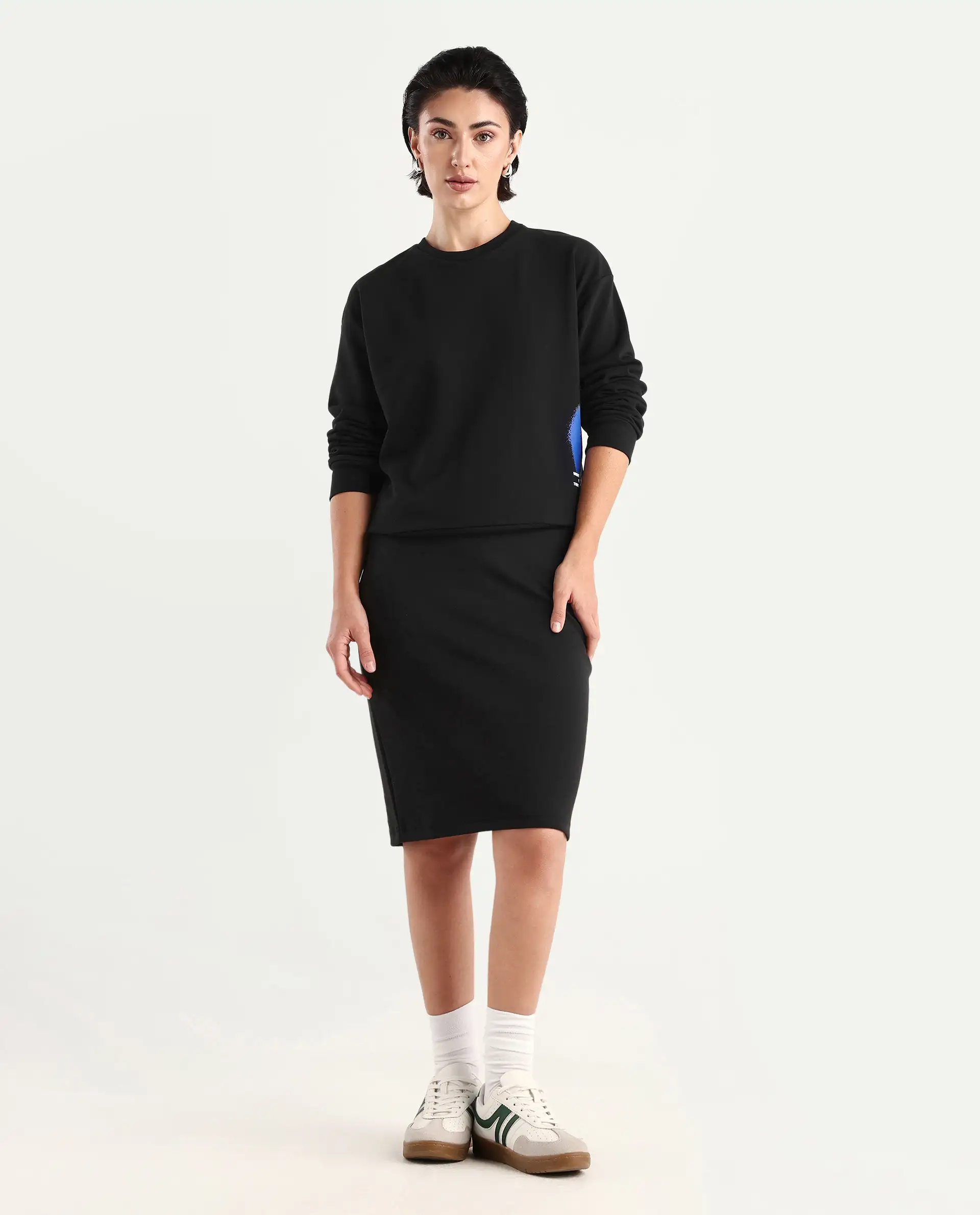Rareism Women's Afsko B Black Cotton Blend Plain Midi Straight Fit Skirt