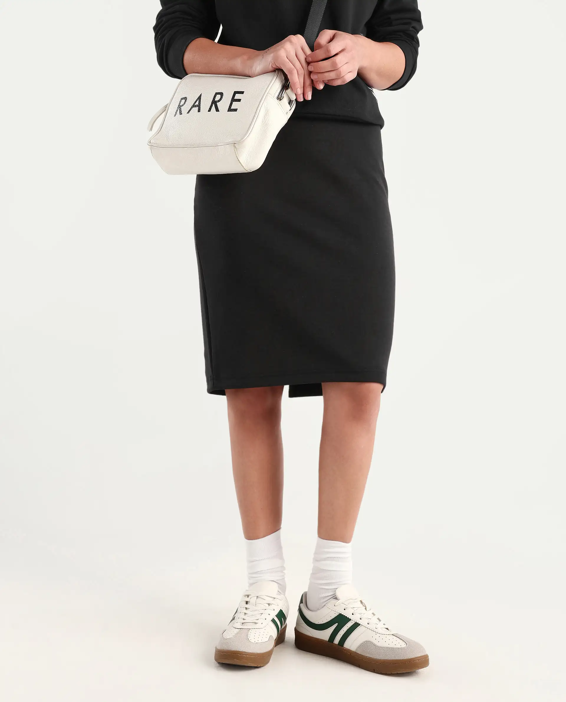 Rareism Women's Afsko B Black Cotton Blend Plain Midi Straight Fit Skirt - Image 2