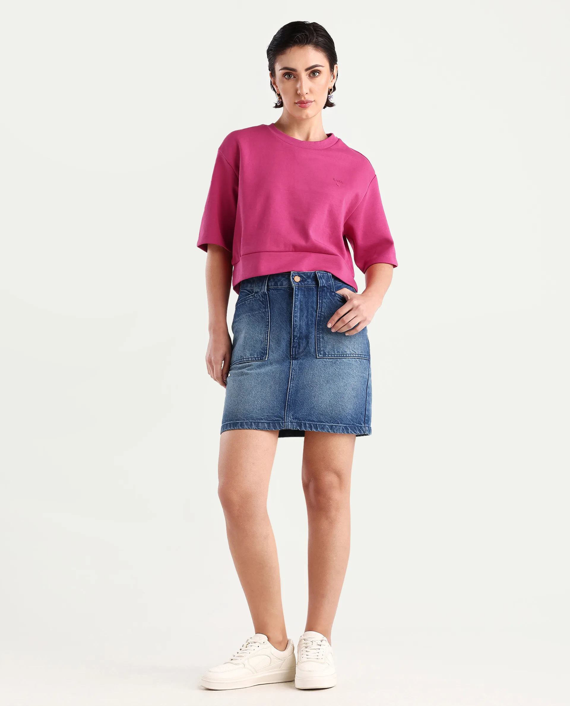 Rareism Women's Aftok T Pink Cotton Blend Crew Neck Plain Crop Regular Fit T-Shirt - Image 2