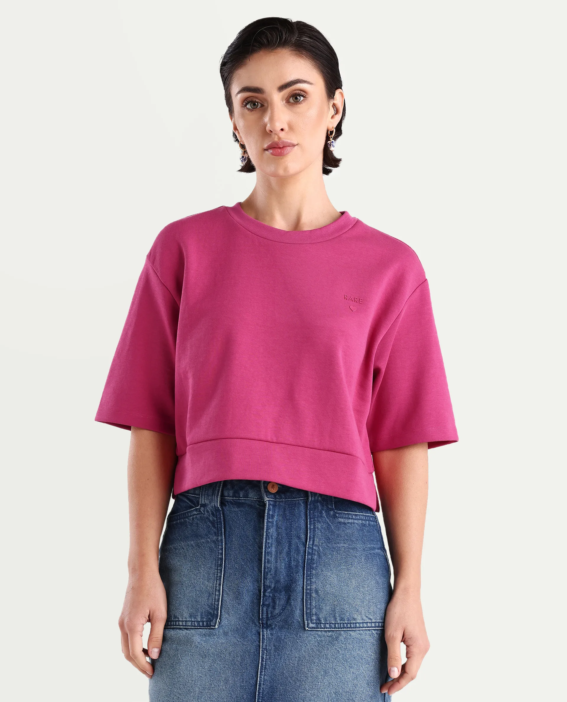Rareism Women's Aftok T Pink Cotton Blend Crew Neck Plain Crop Regular Fit T-Shirt - Image 3