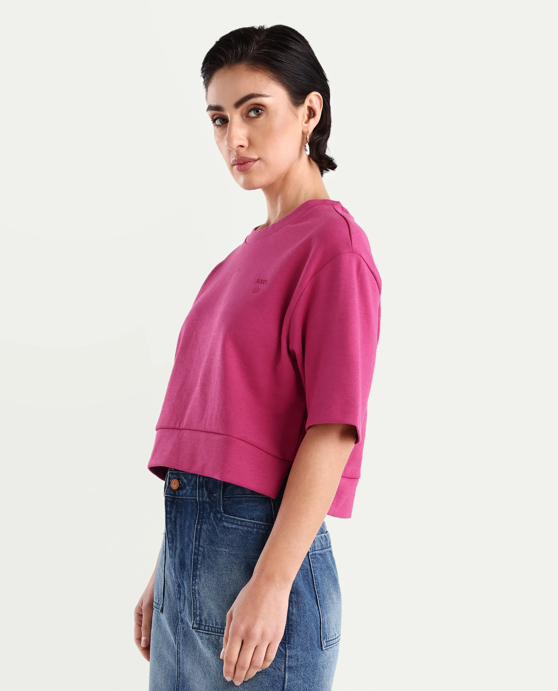Rareism Women's Aftok T Pink Cotton Blend Crew Neck Plain Crop Regular Fit T-Shirt - Image 5