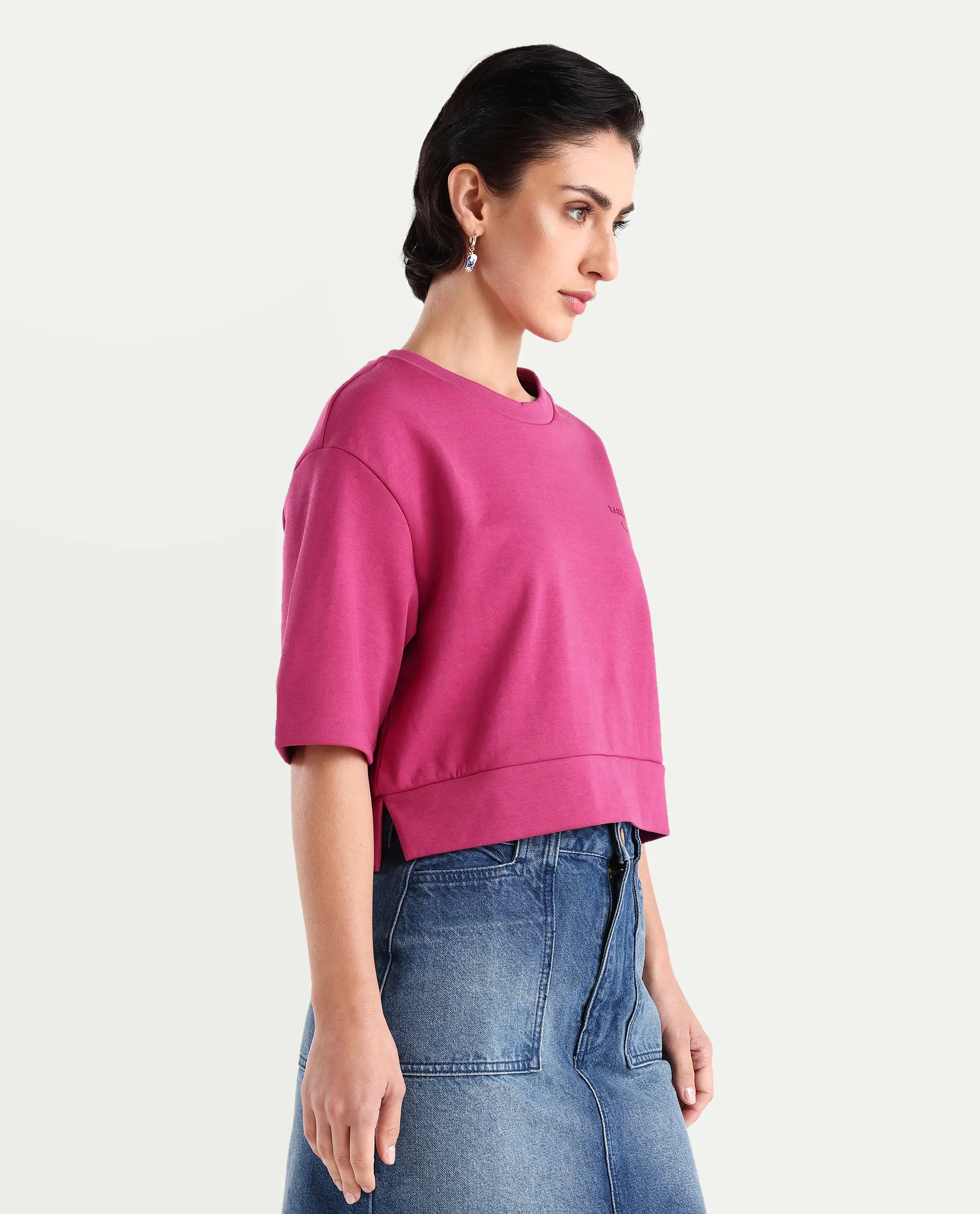 Rareism Women's Aftok T Pink Cotton Blend Crew Neck Plain Crop Regular Fit T-Shirt - Image 6