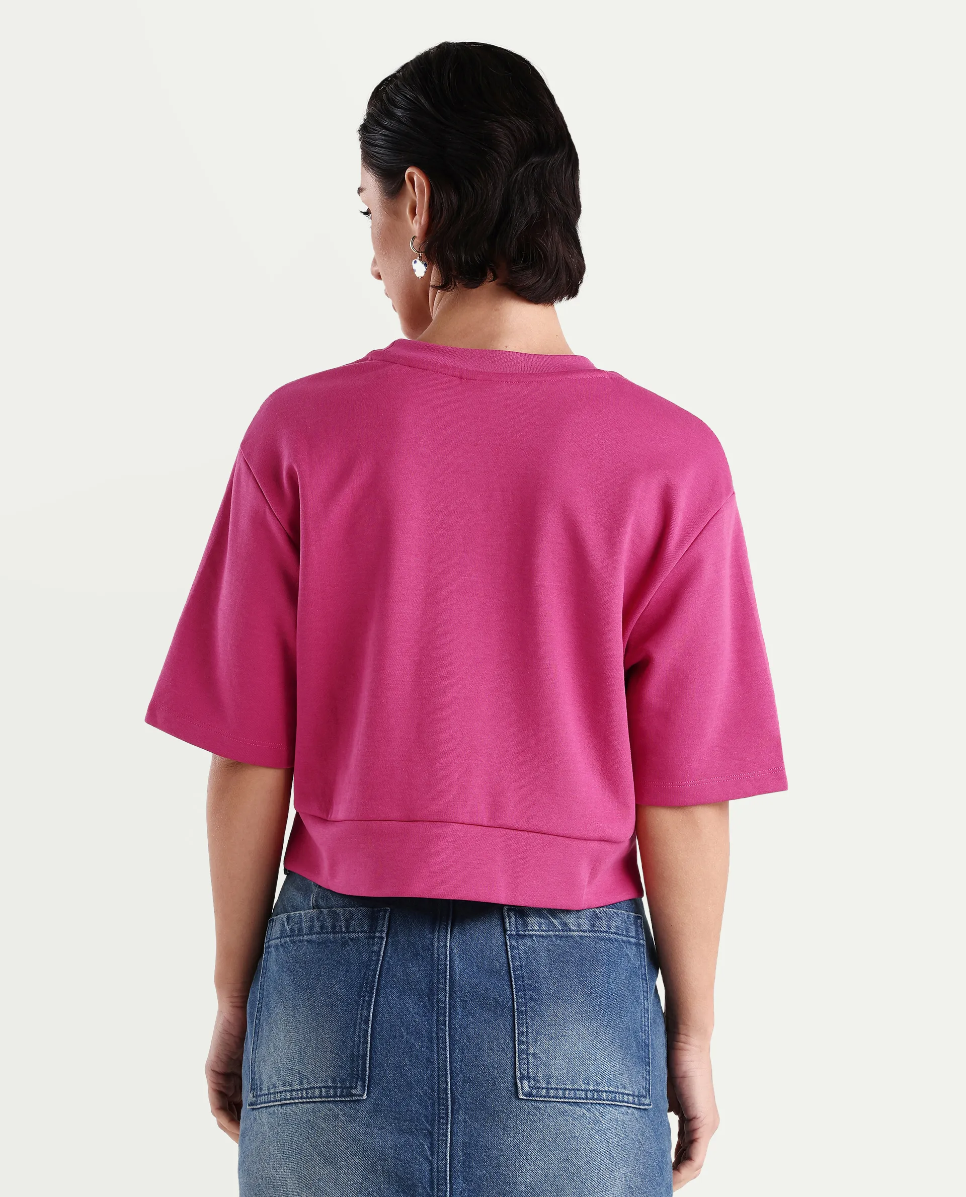 Rareism Women's Aftok T Pink Cotton Blend Crew Neck Plain Crop Regular Fit T-Shirt - Image 7