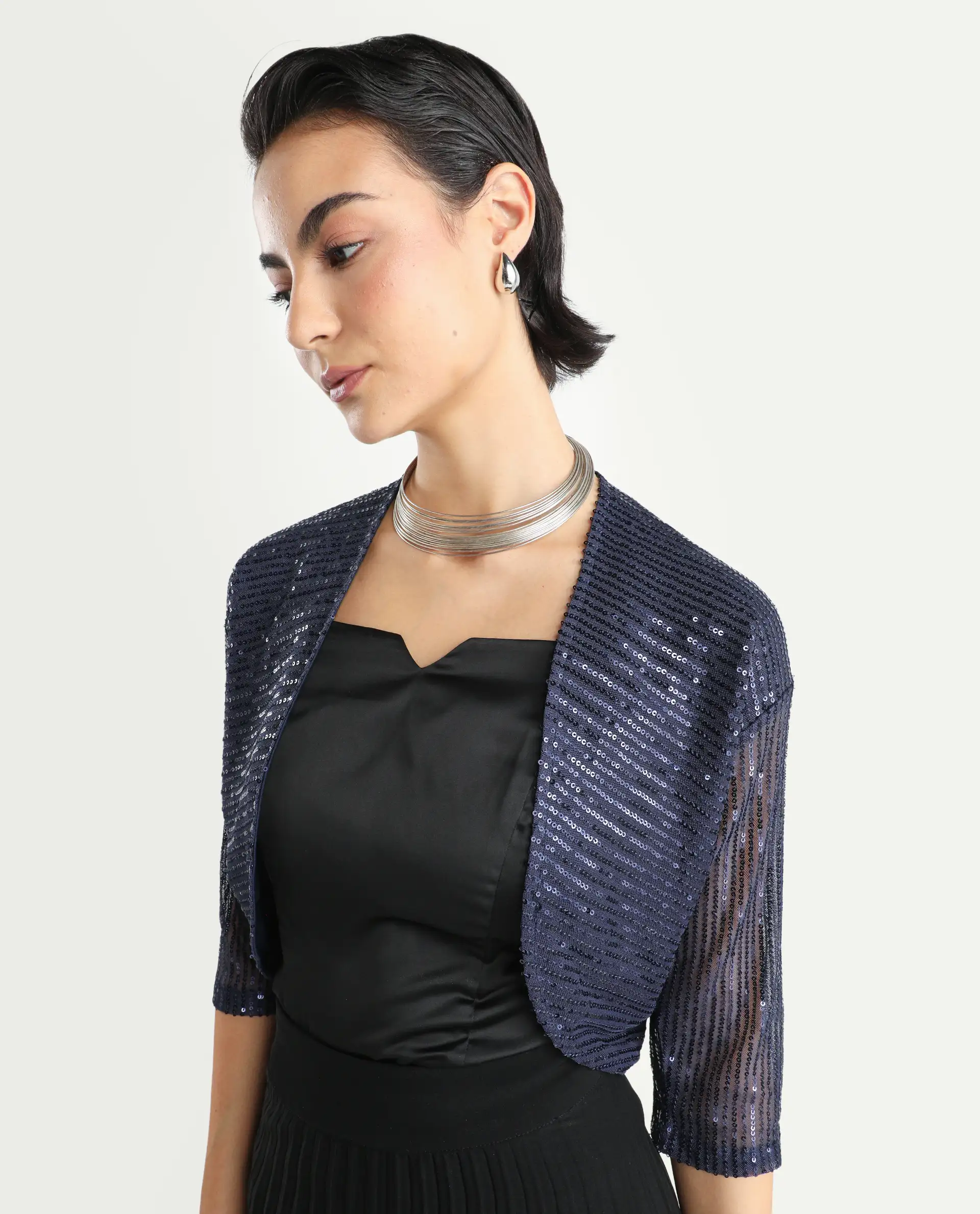 Rareism Women's Agog Blue Nylon Collarless Sequined Knee Length Regular Fit Shrug