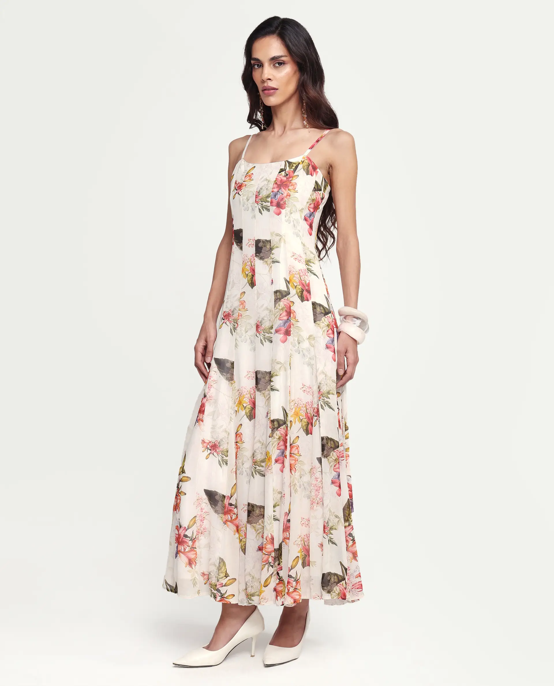 Rareism Women's Ailsa Off White Viscose Blend Sleeveless Fit And Flare Floral Print Dress - Image 5