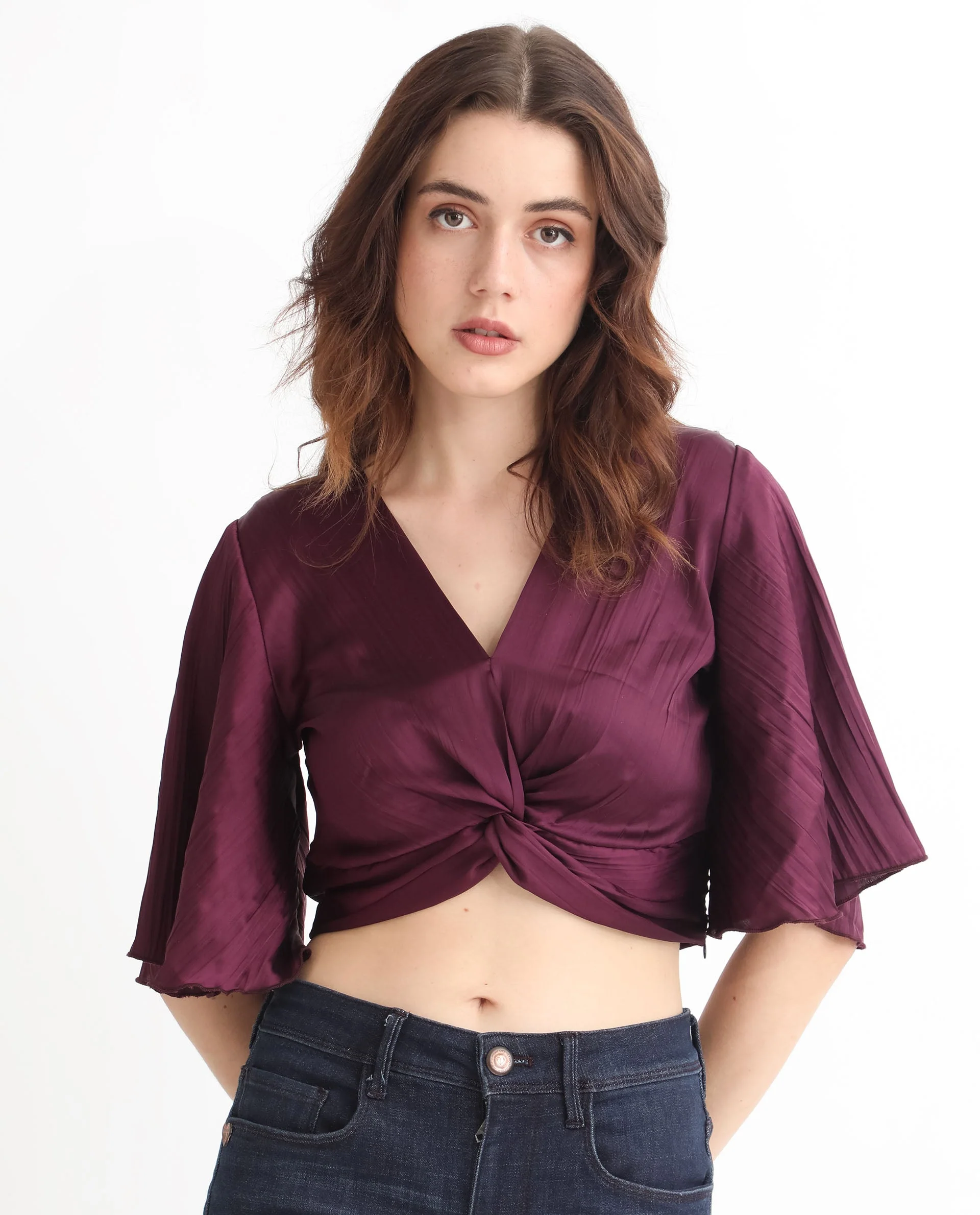 Rareism Women's Ainara Dark Purple Polyester V-Neck Plain Flared Sleeve Crop Regular Fit Top