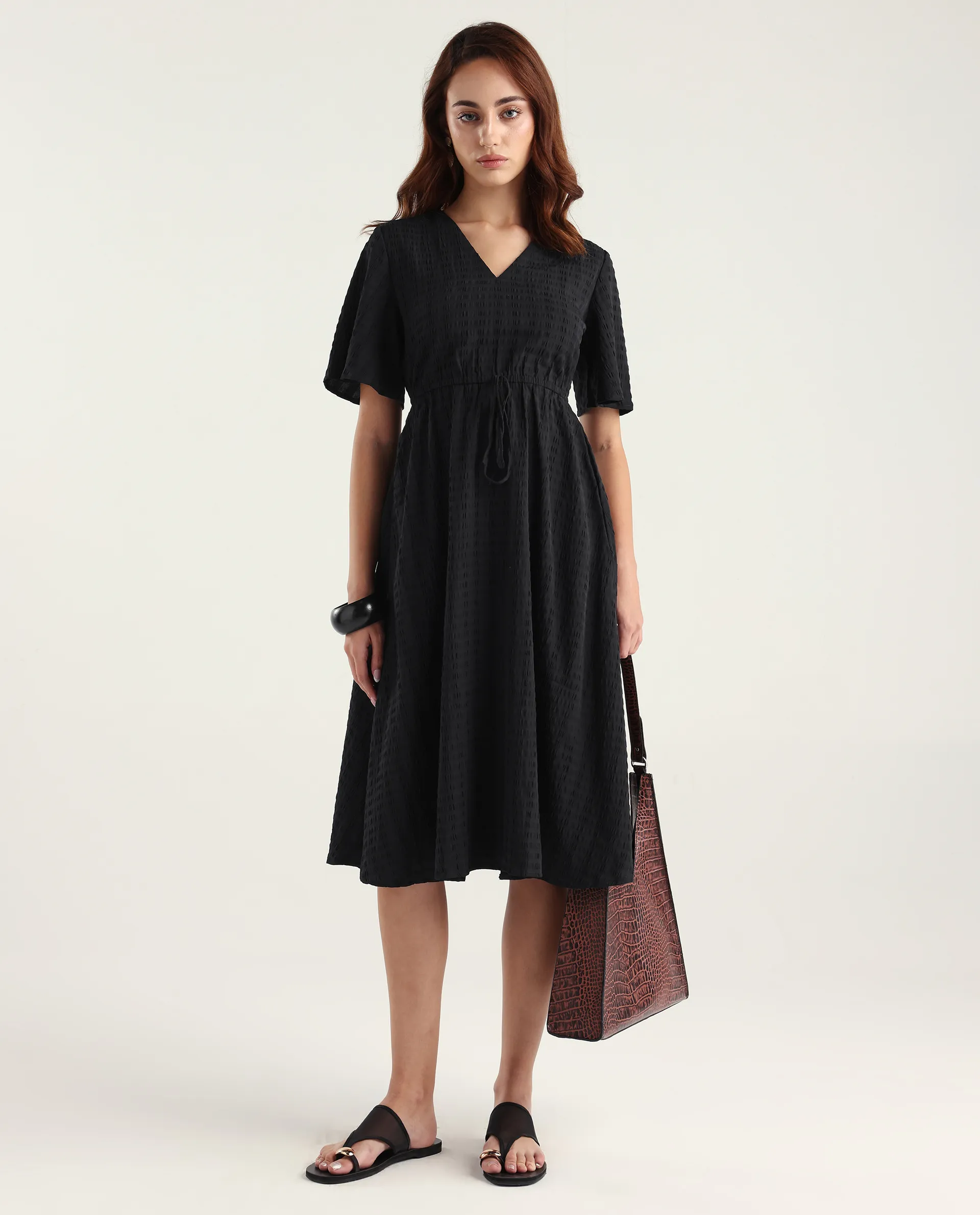 Rareism Women's Airin Black Polyester Half Sleeve V-Neck Flared Dress