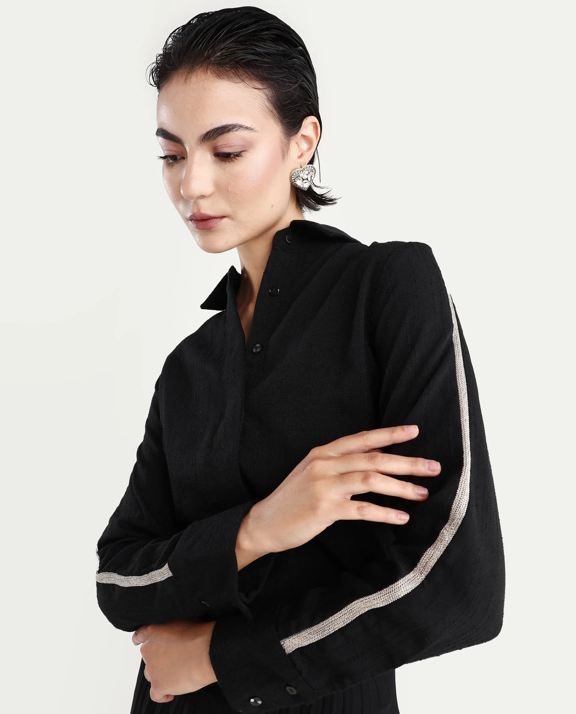 Rareism Women's Aivva Black Satin Drop Collar Dyed Cuffed Sleeve Regular Fit Shirt