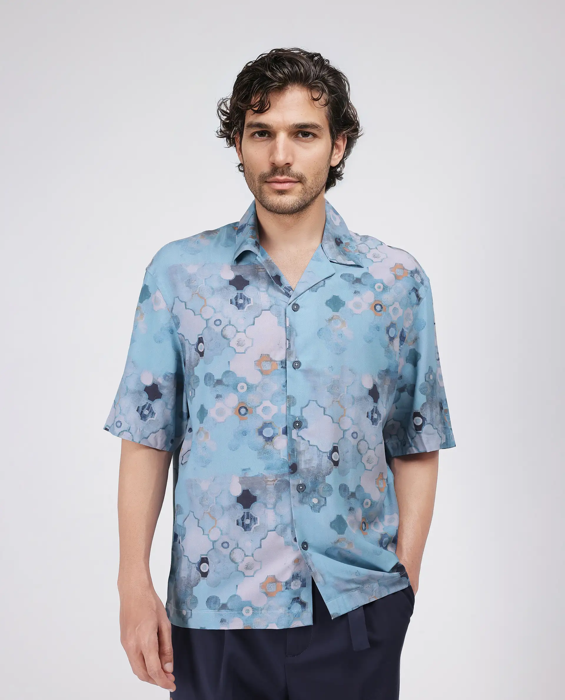 Rare Rabbit Men's Akio Blue Viscose Abstract Print Oversized Fit Half Sleeve Cuban Collar Shirt
