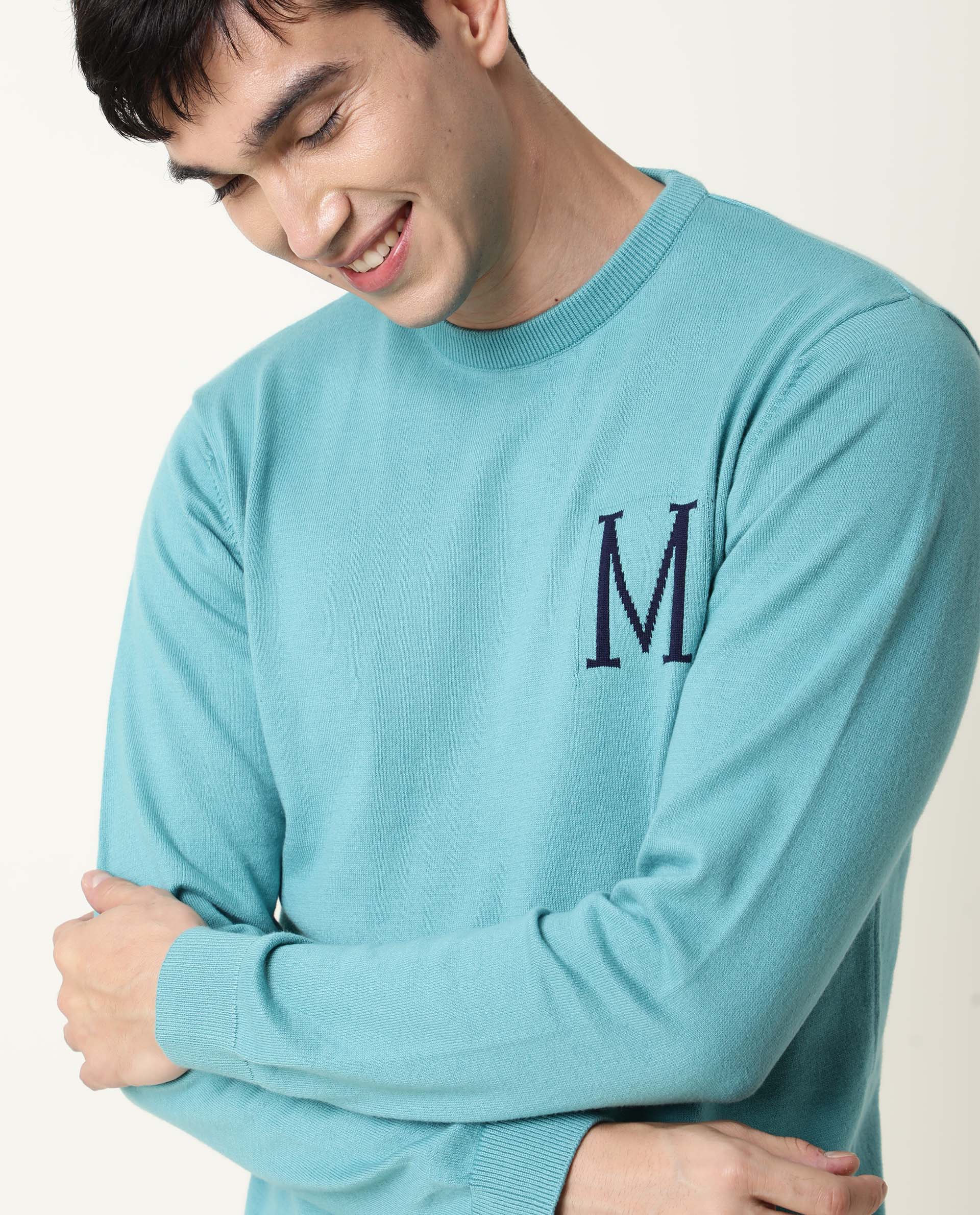 Rare Rabbit Men's Alba Blue Cotton Jacquard Regular Fit Full Sleeve Crew Neck Sweater