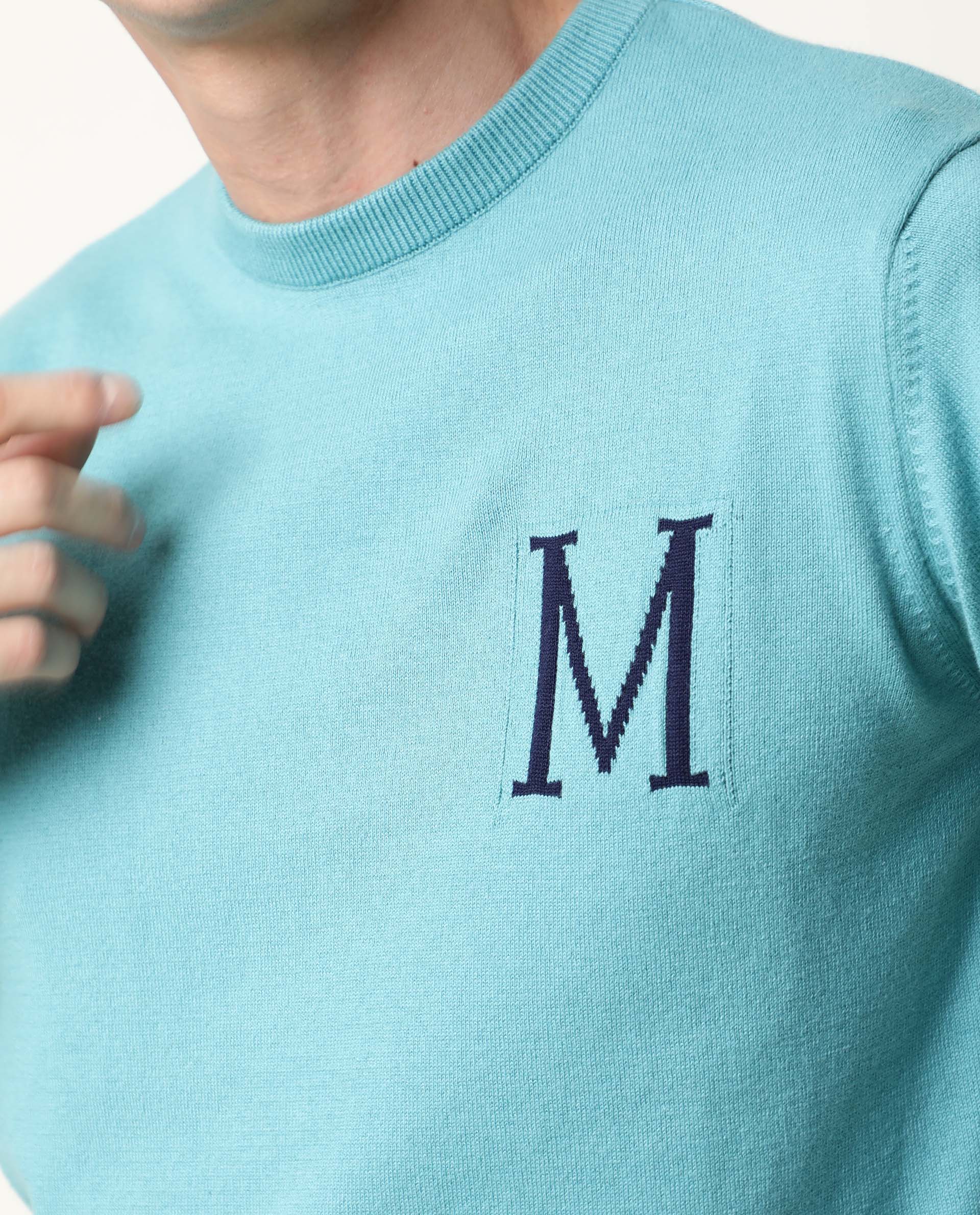 Rare Rabbit Men's Alba Blue Cotton Jacquard Regular Fit Full Sleeve Crew Neck Sweater - Image 2