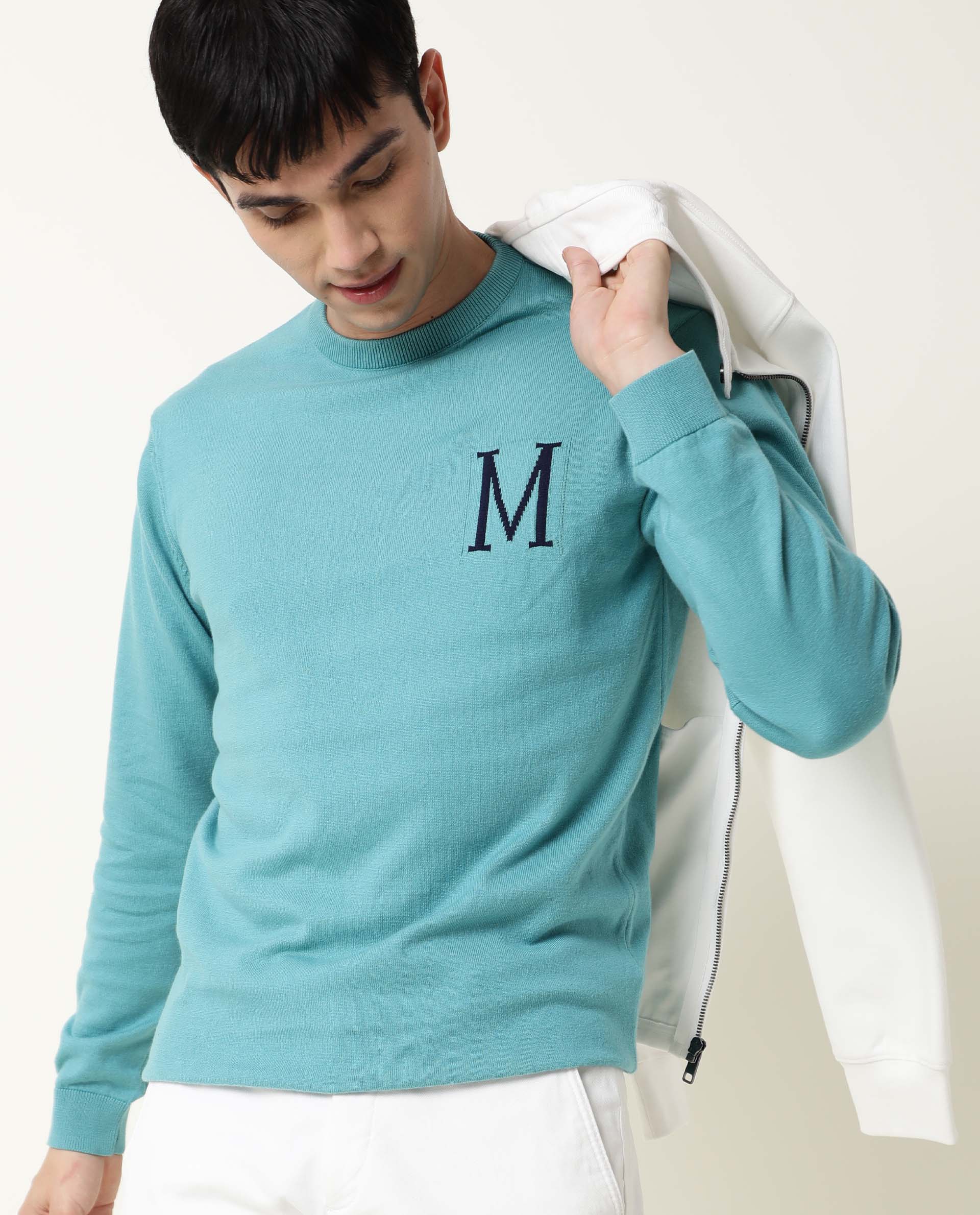 Rare Rabbit Men's Alba Blue Cotton Jacquard Regular Fit Full Sleeve Crew Neck Sweater - Image 3