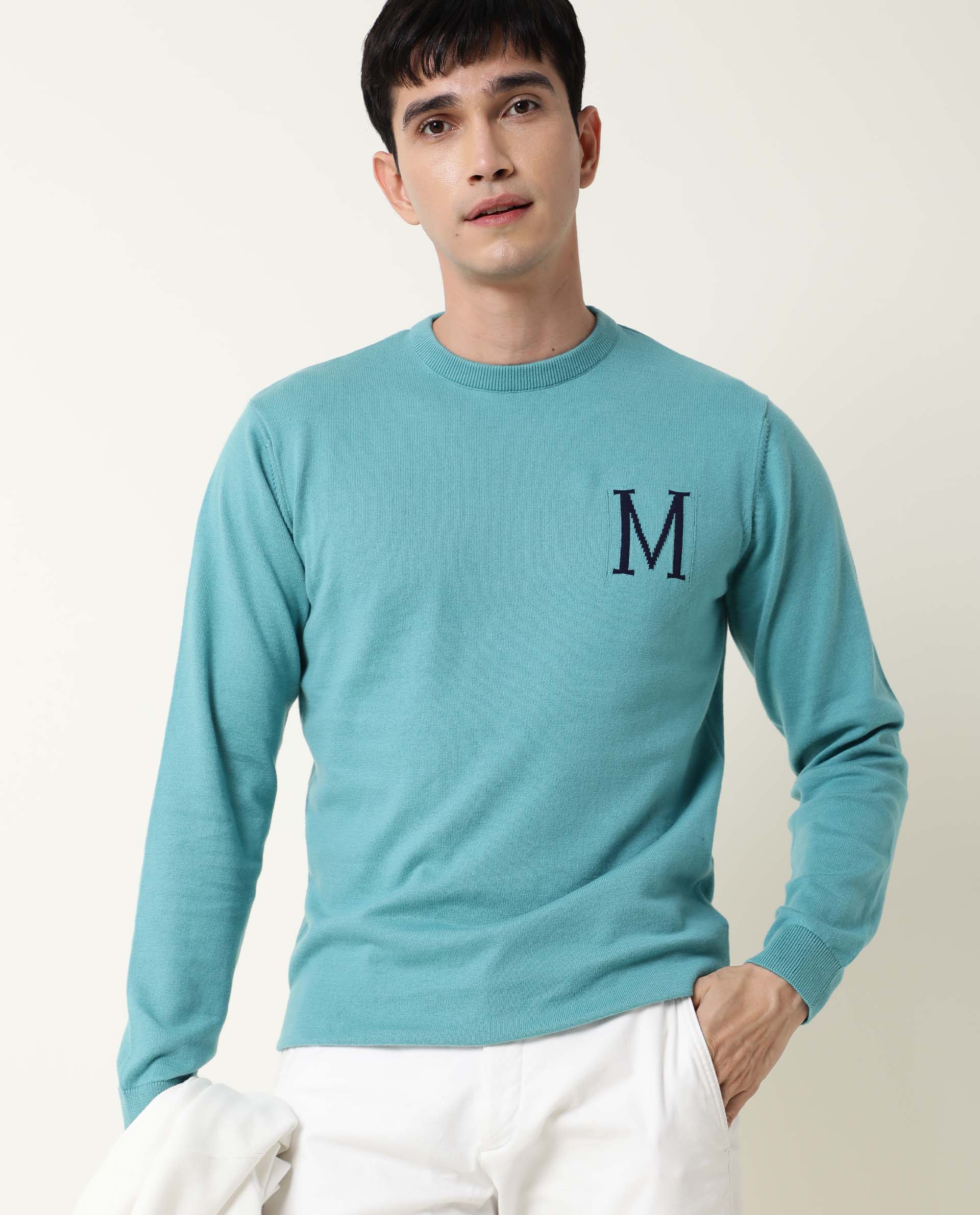 Rare Rabbit Men's Alba Blue Cotton Jacquard Regular Fit Full Sleeve Crew Neck Sweater - Image 4