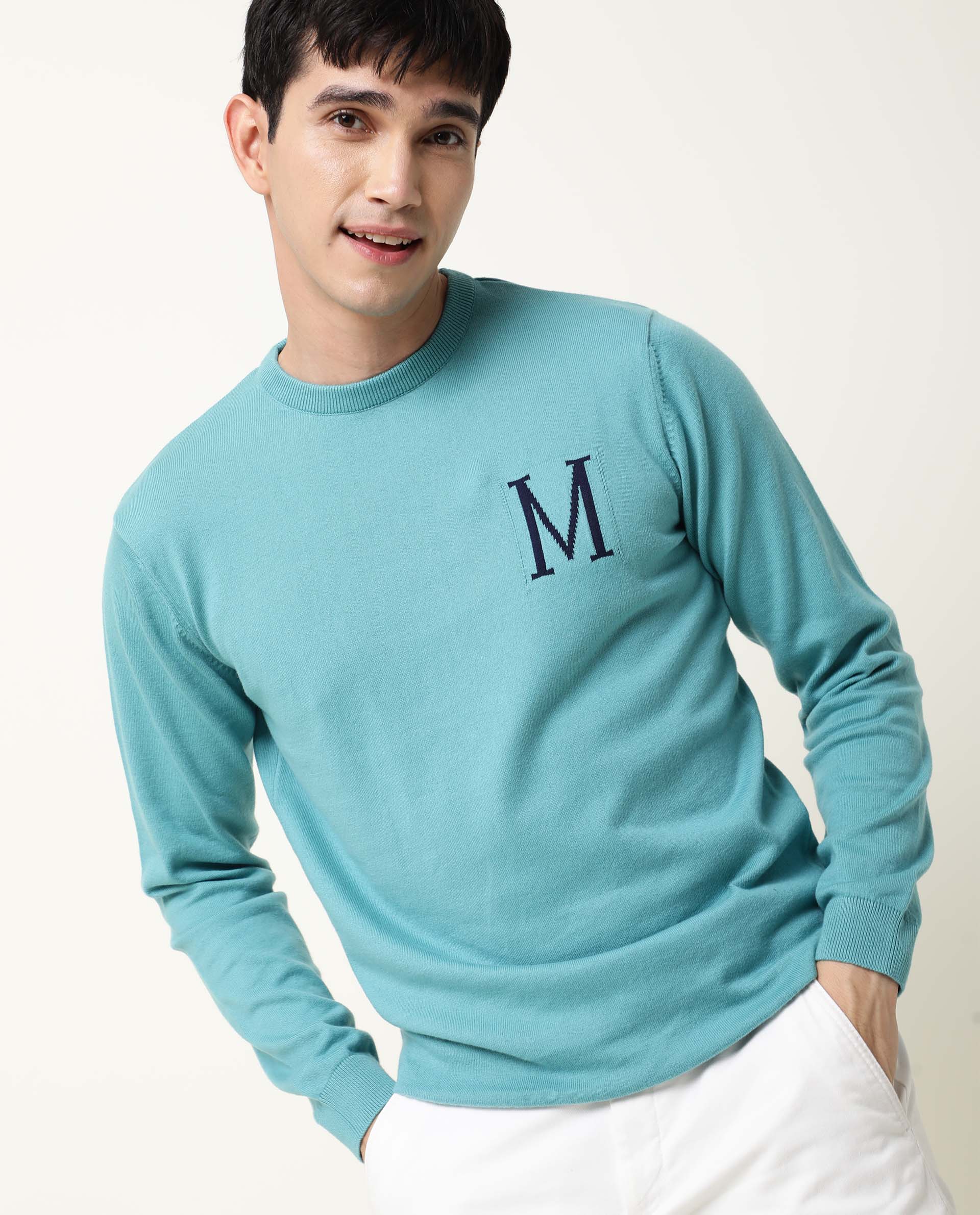 Rare Rabbit Men's Alba Blue Cotton Jacquard Regular Fit Full Sleeve Crew Neck Sweater - Image 5