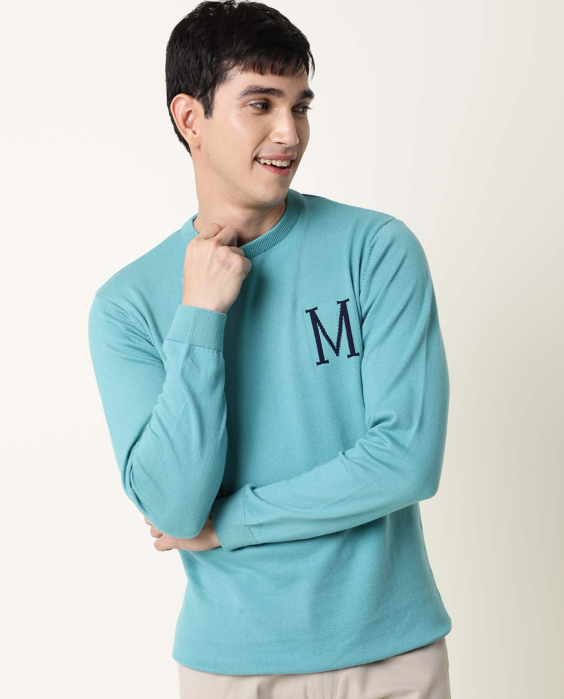 Rare Rabbit Men's Alba Blue Cotton Jacquard Regular Fit Full Sleeve Crew Neck Sweater - Image 7