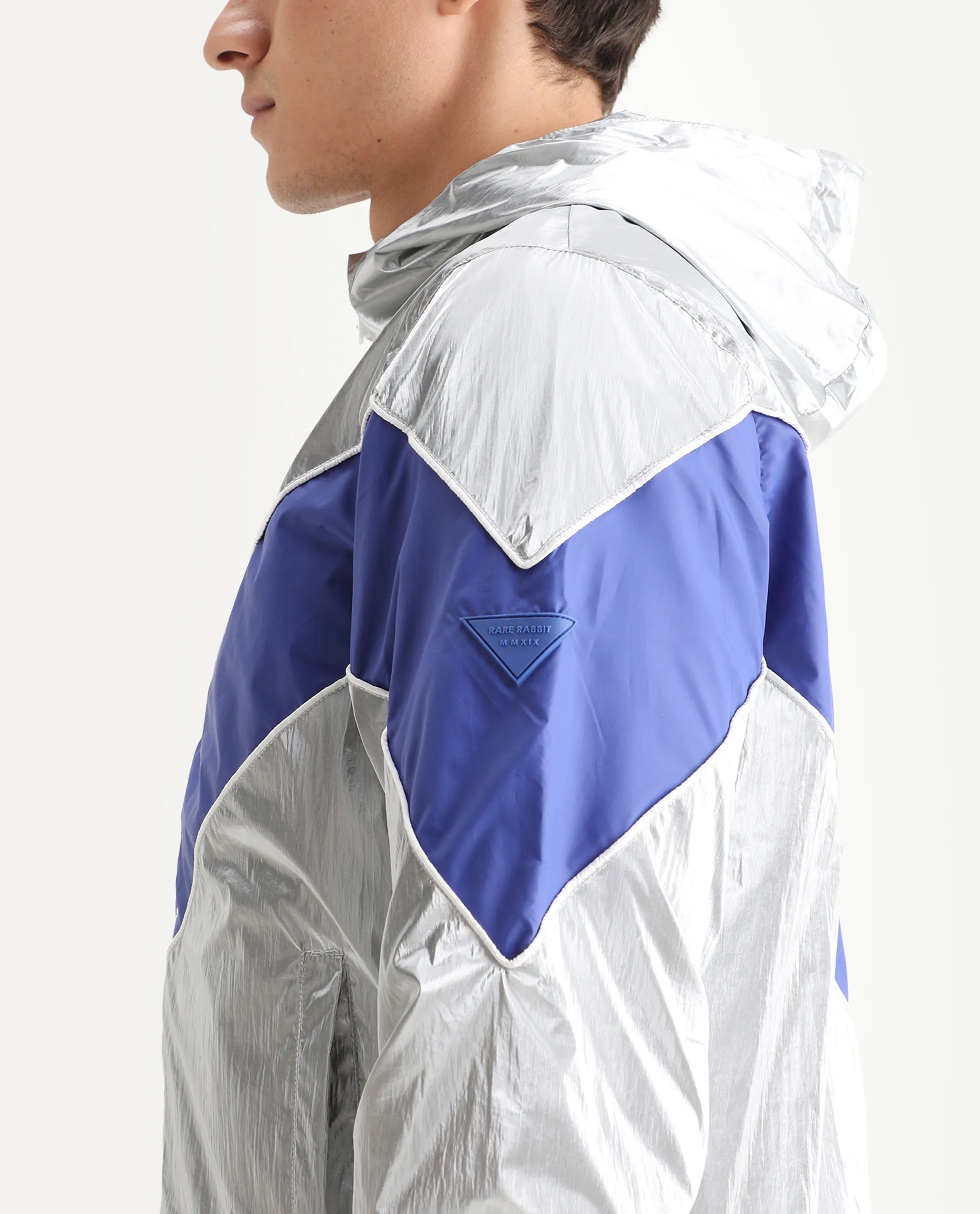 Rare Rabbit Men's Albi Silver Nylon Blend Metallic Regular Fit Full Sleeve Hooded Jacket