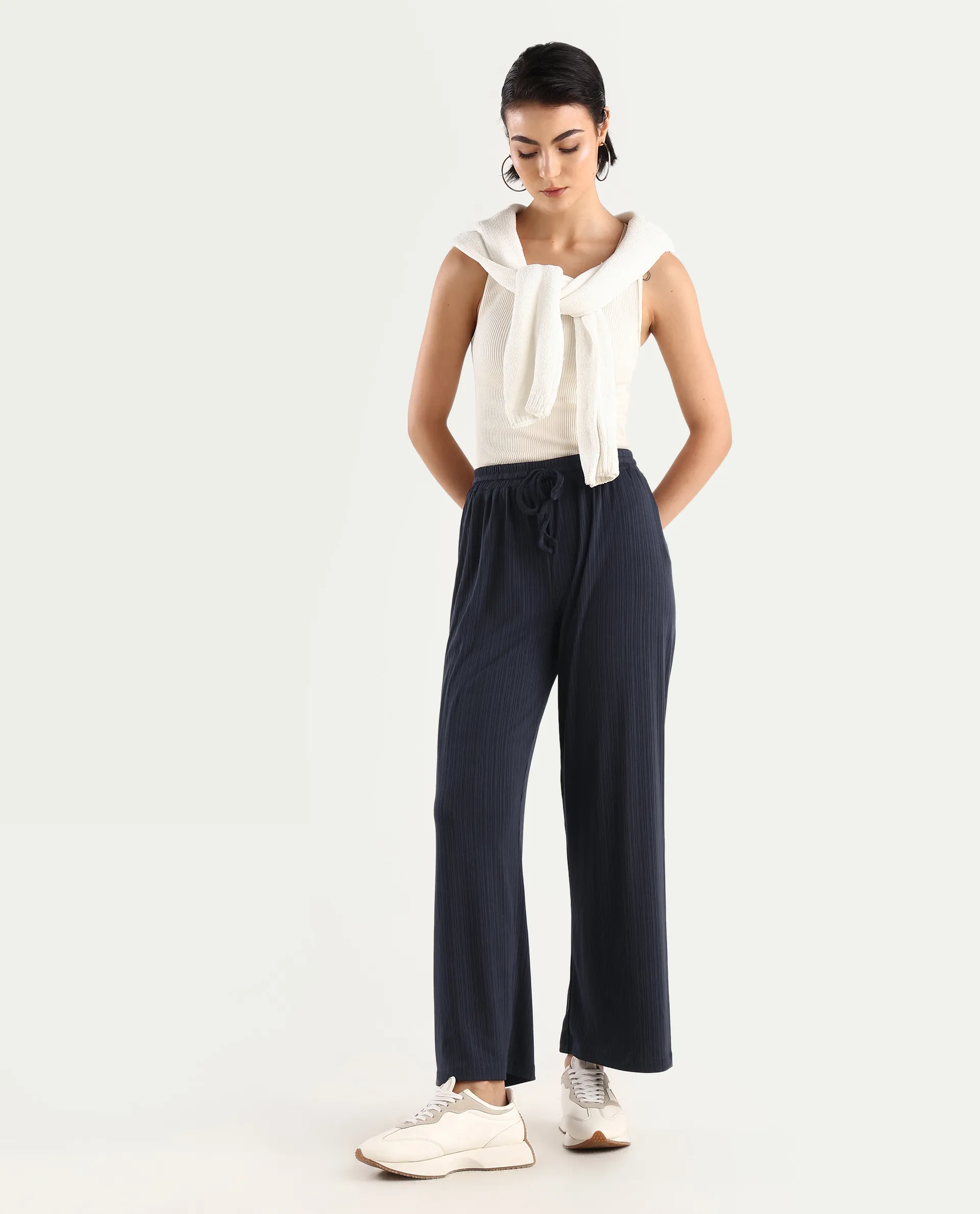 Rareism Women's Alcazar Dark Blue Polyester Blend Plain Ankle Length Straight Fit Trouser