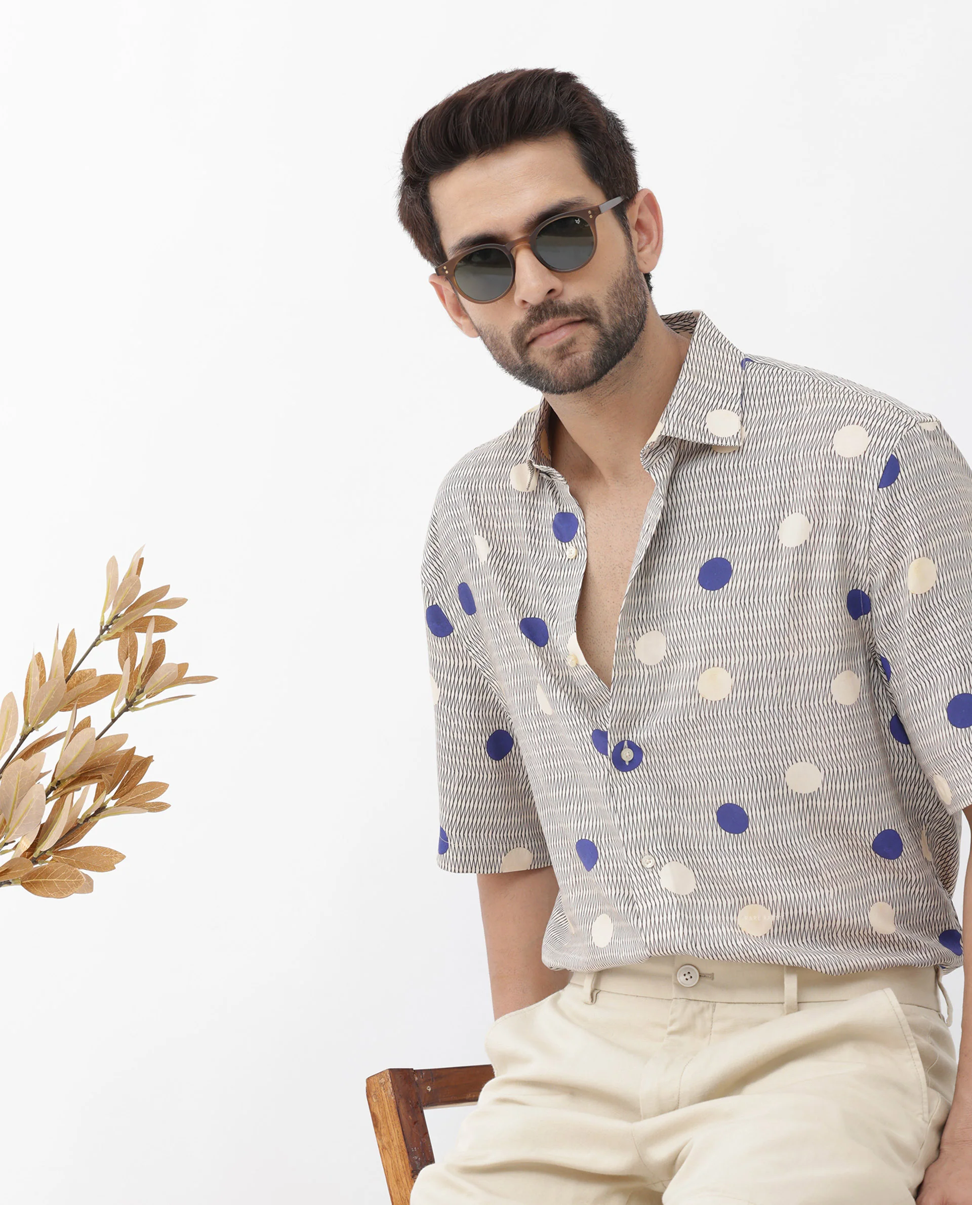 Rare Rabbit Men's Alcoron Beige Viscose Polka Print Boxy Fit Half Sleeve Collared Shirt