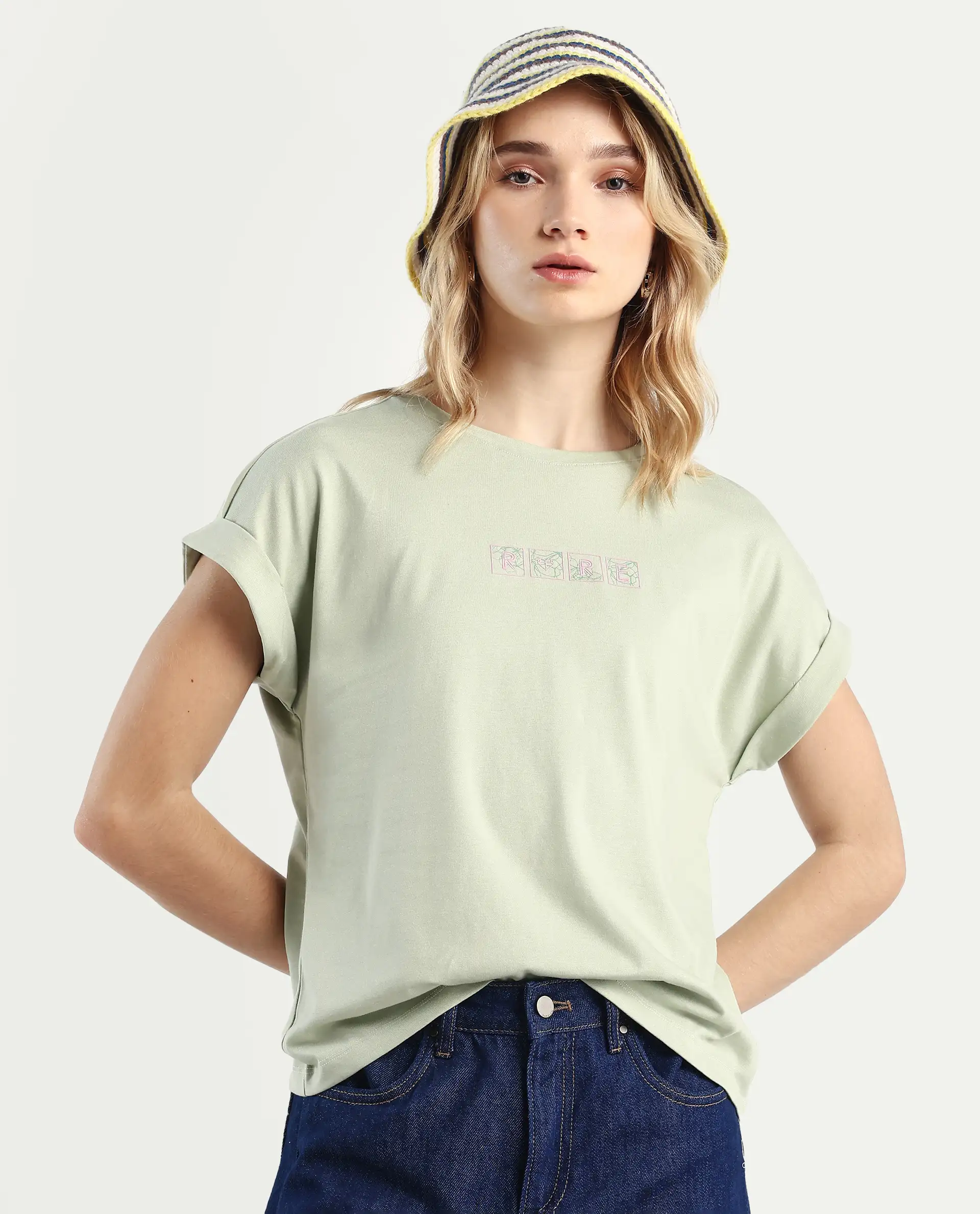 Rareism Women's Alexy Pastel Green Cotton Blend Crew Neck Graphic Print Extended Sleeves Regular Fit T-Shirt