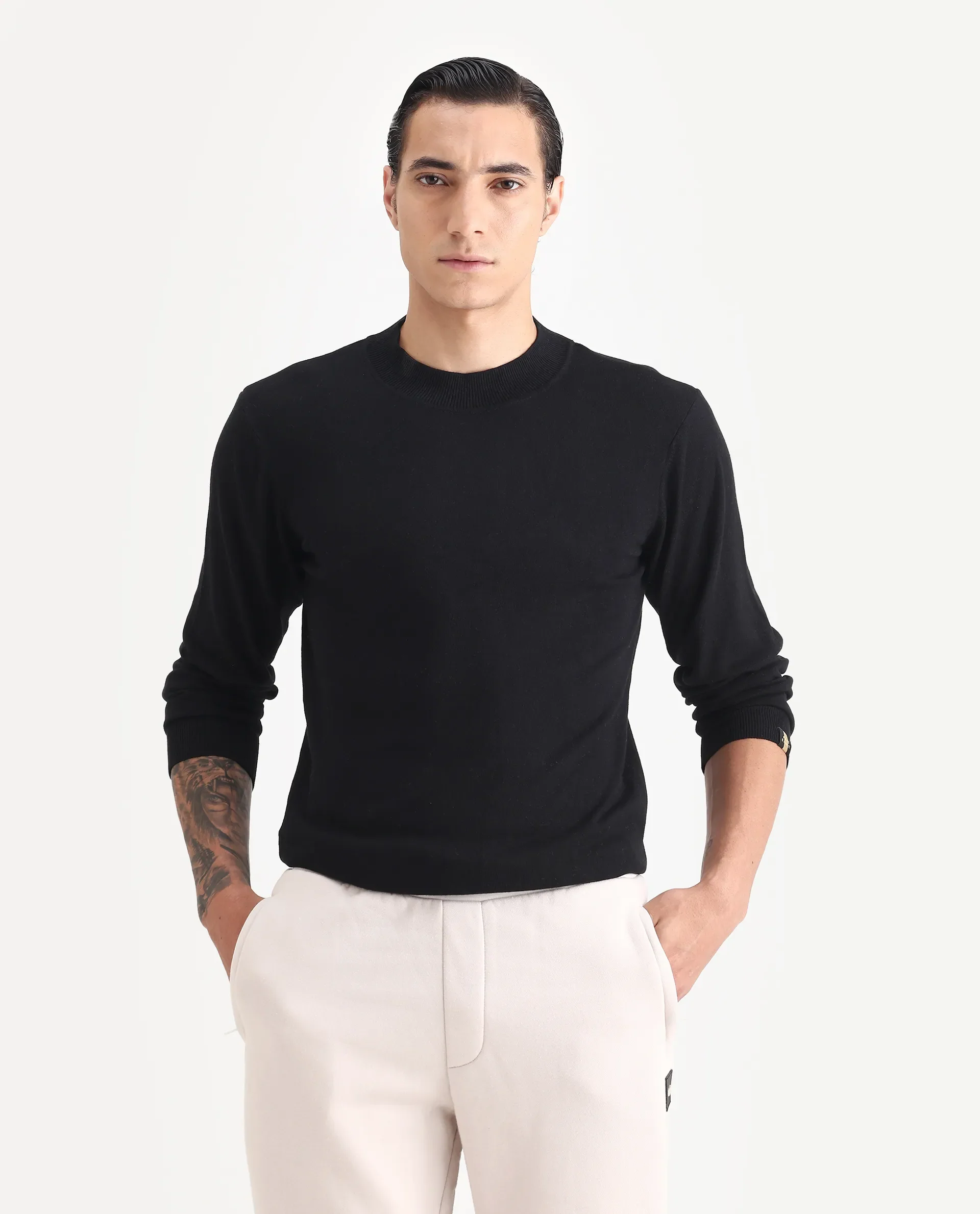 Rare Rabbit Men's Alfo 1 Black Viscose Plain Slim Fit Full Sleeve High Neck Sweater