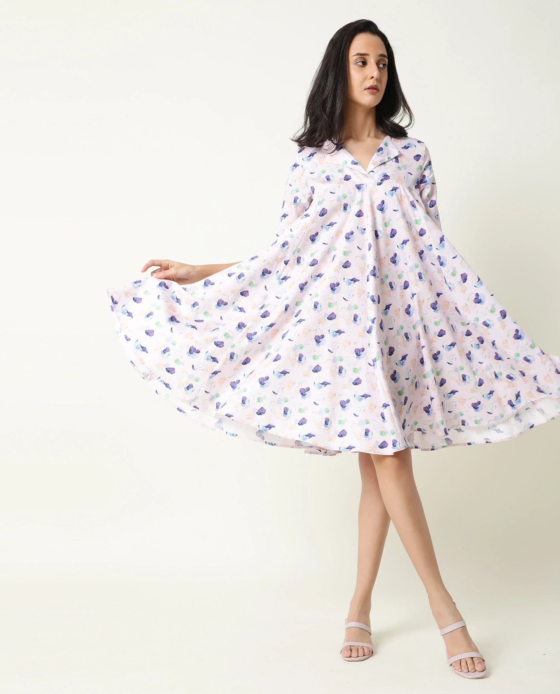 Rareism Women's Allia Pink Lapel Neck Floral Print Knee Length Regular Fit Dress