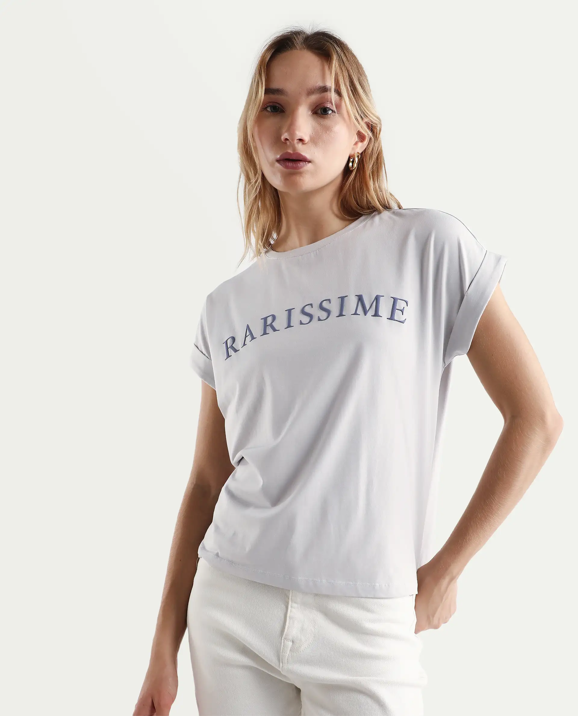 Rareism Women's Alte Light Grey Cotton Blend Crew Neck Graphic Print Extended Sleeves Regular Fit T-Shirt
