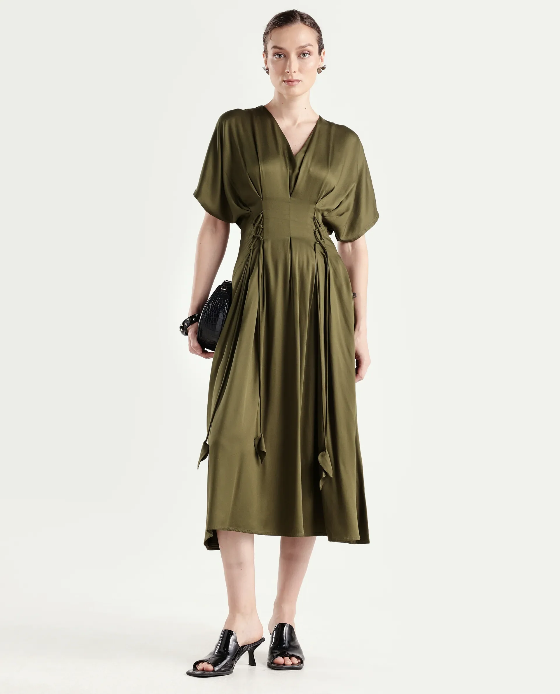 Rareism Women's Alves Olive Viscose Half Sleeve Fit And Flare Plain Dress