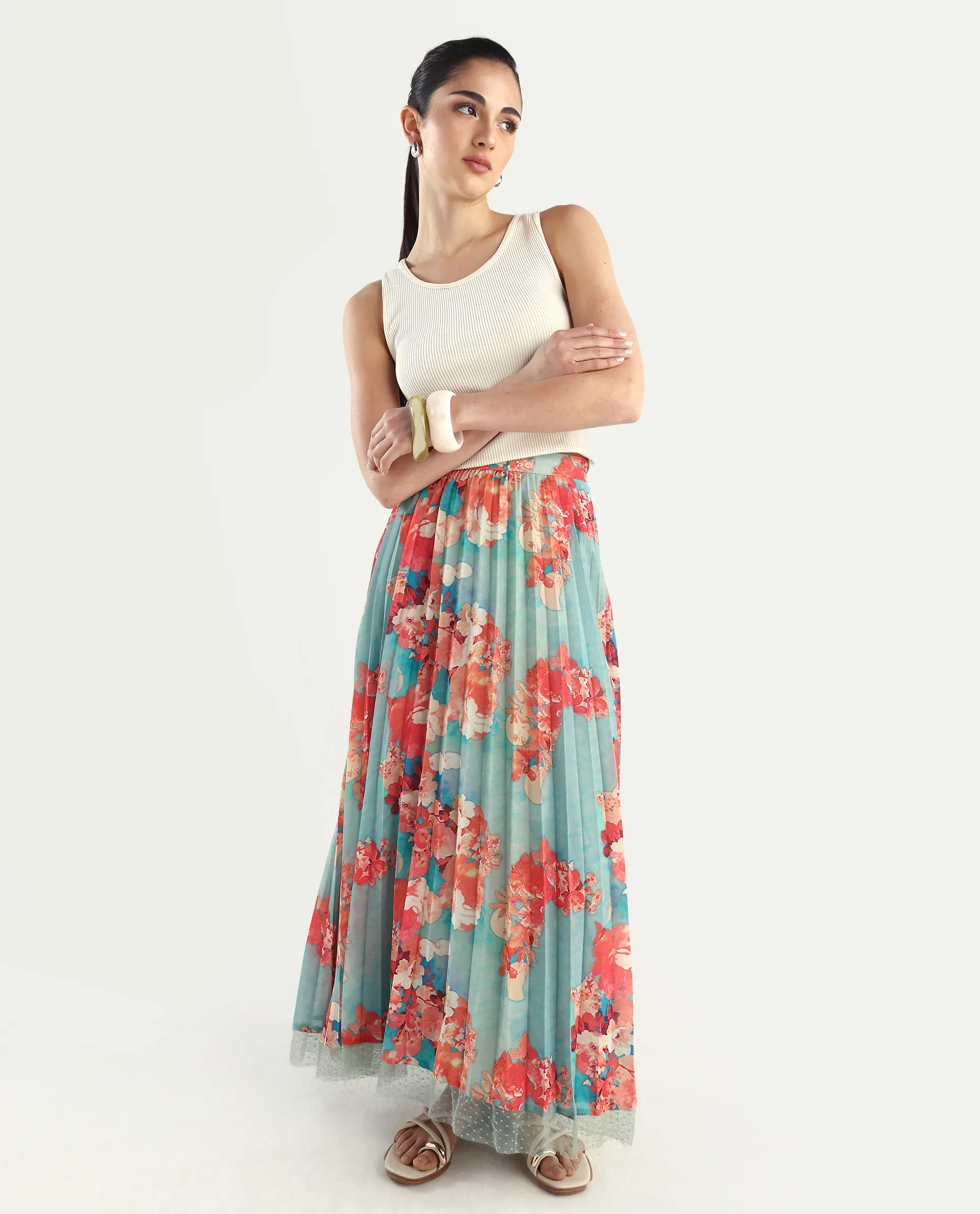 Rareism Women's Alvia Multi Polyester Floral Print Ankle Length Flared Skirt