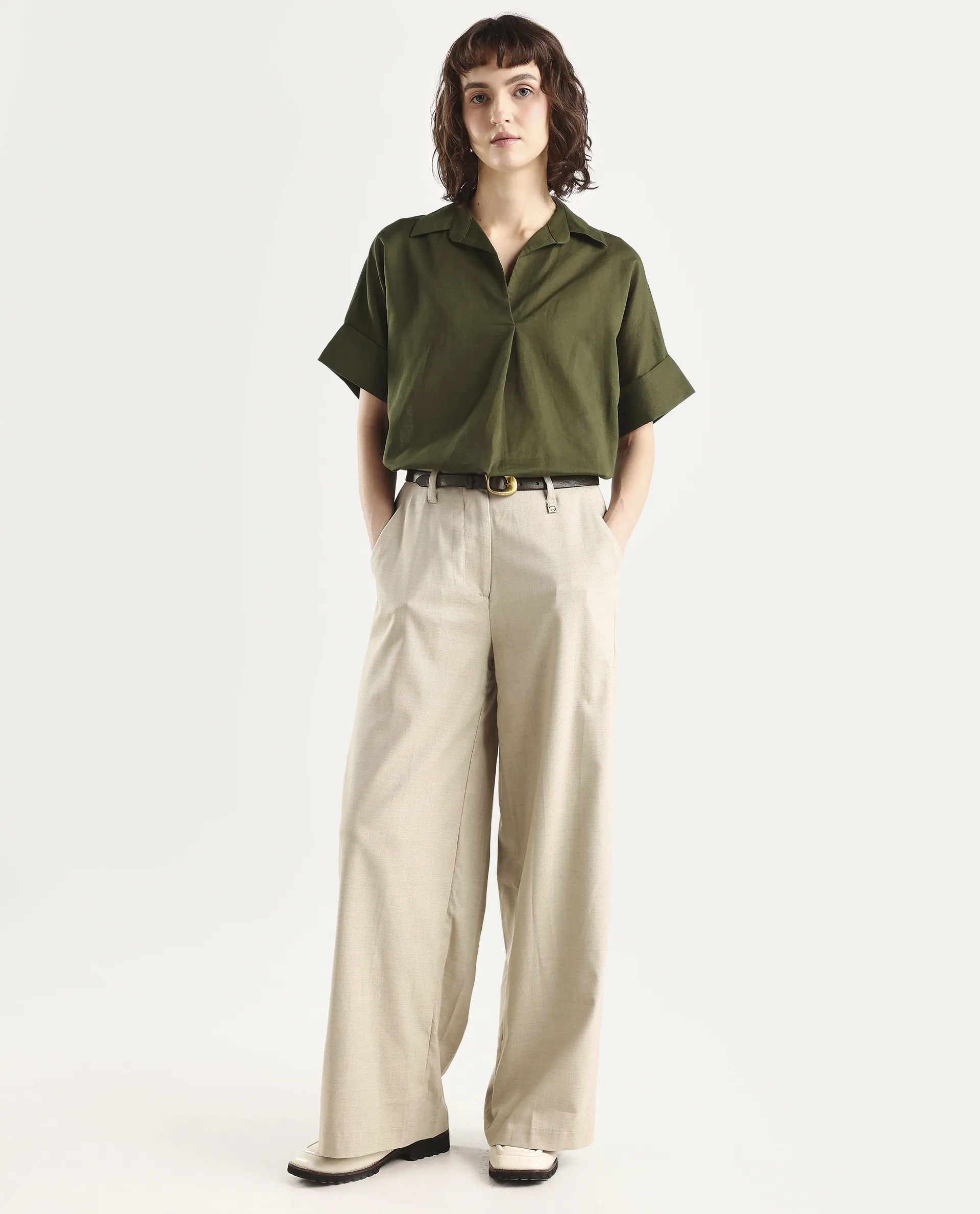 Rareism Women's Alzure Olive Linen Blend Half Sleeve Jonny Collar Boxy Plain Top - Image 2