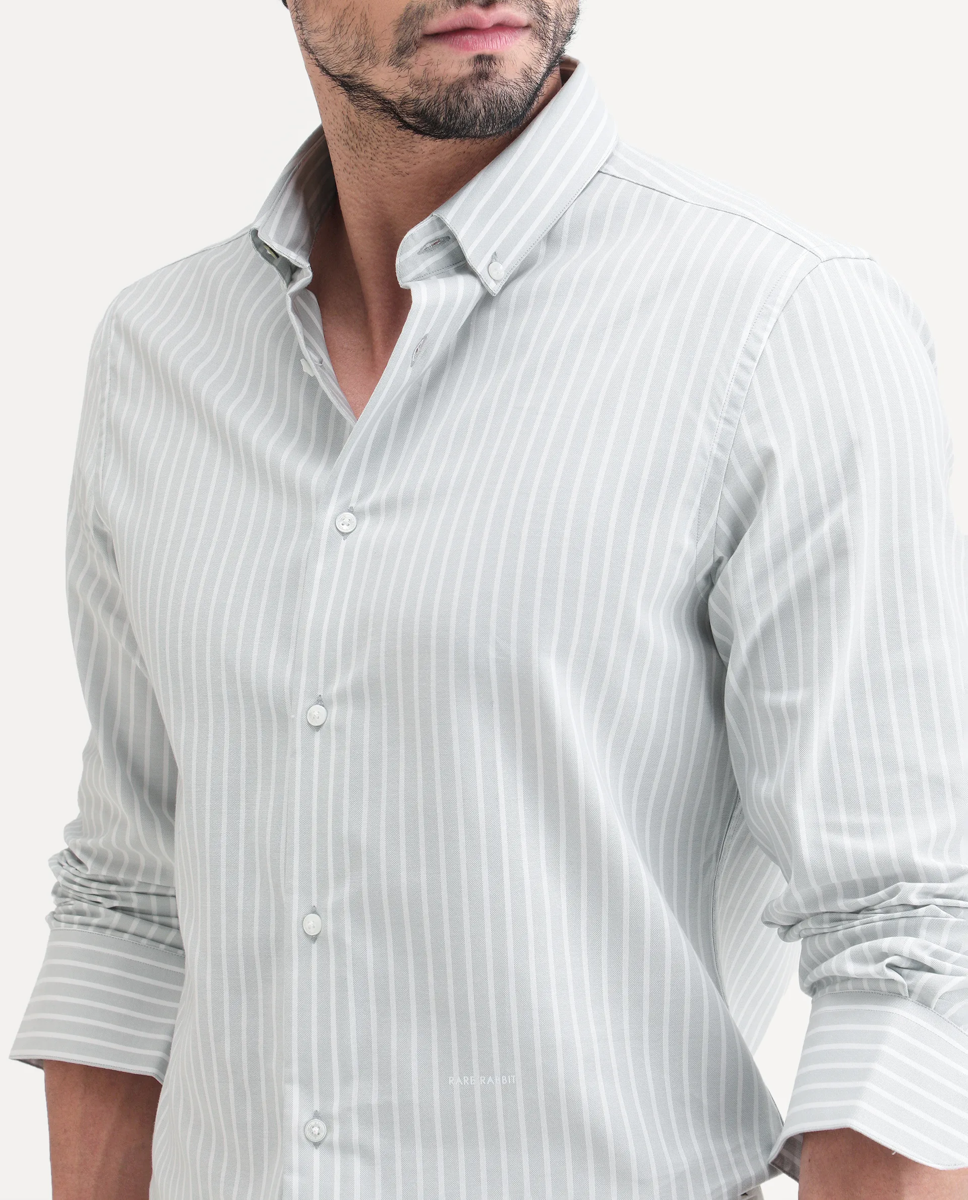 Rare Rabbit Men's Amble Light Grey Cotton Blend Fabric Spread Collar Regular Fit Striped Shirt - Image 3