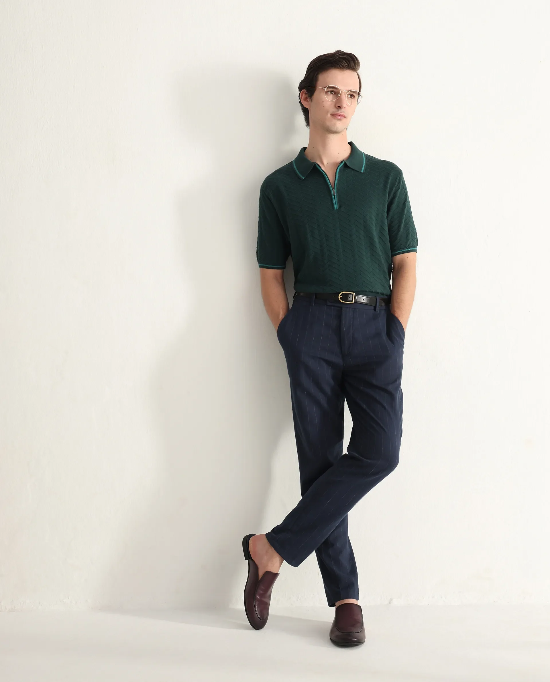 Rare Rabbit Men's Amet Dark Green Cotton Textured Regular Fit Half Sleeve Polo - Image 2