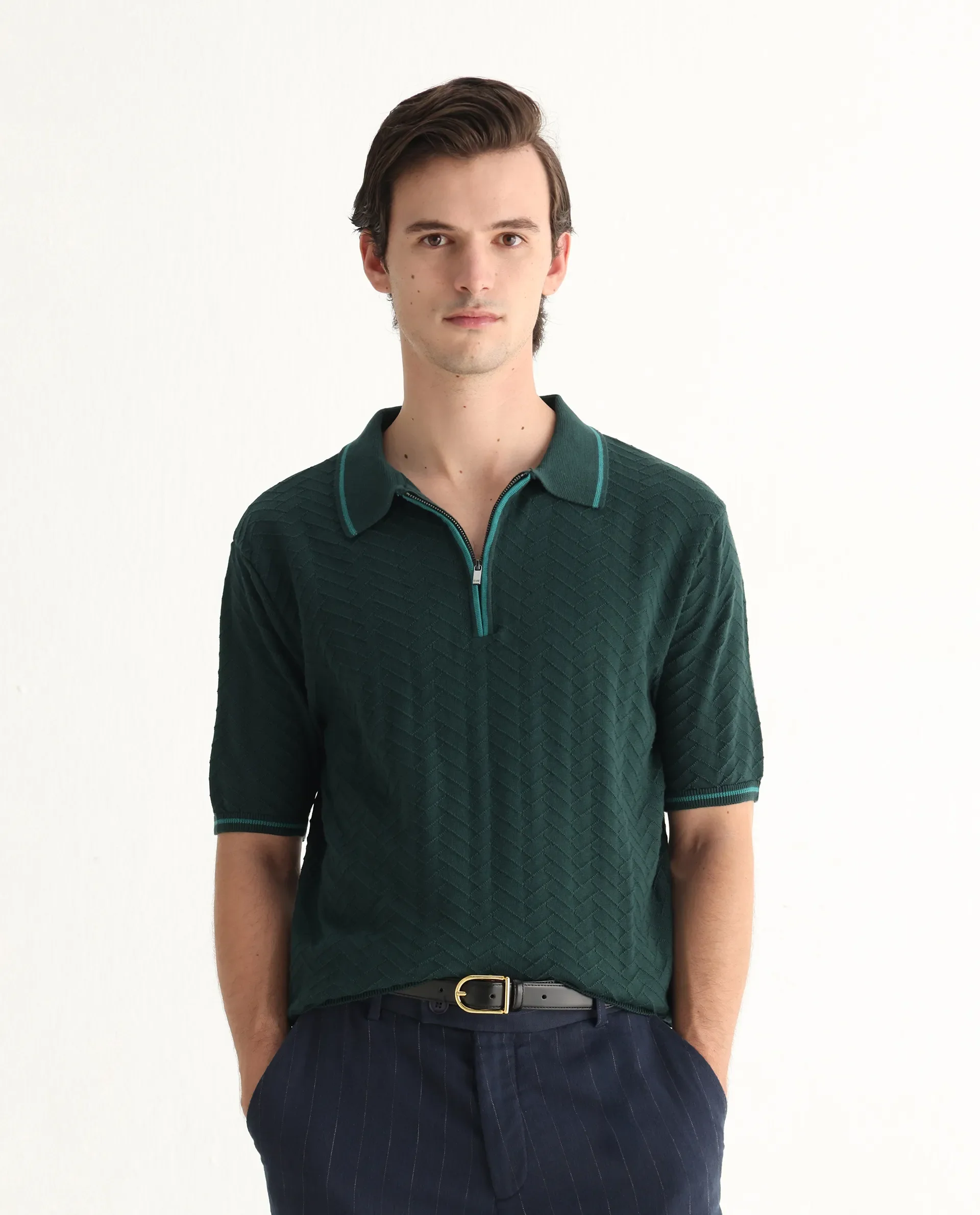 Rare Rabbit Men's Amet Dark Green Cotton Textured Regular Fit Half Sleeve Polo - Image 4