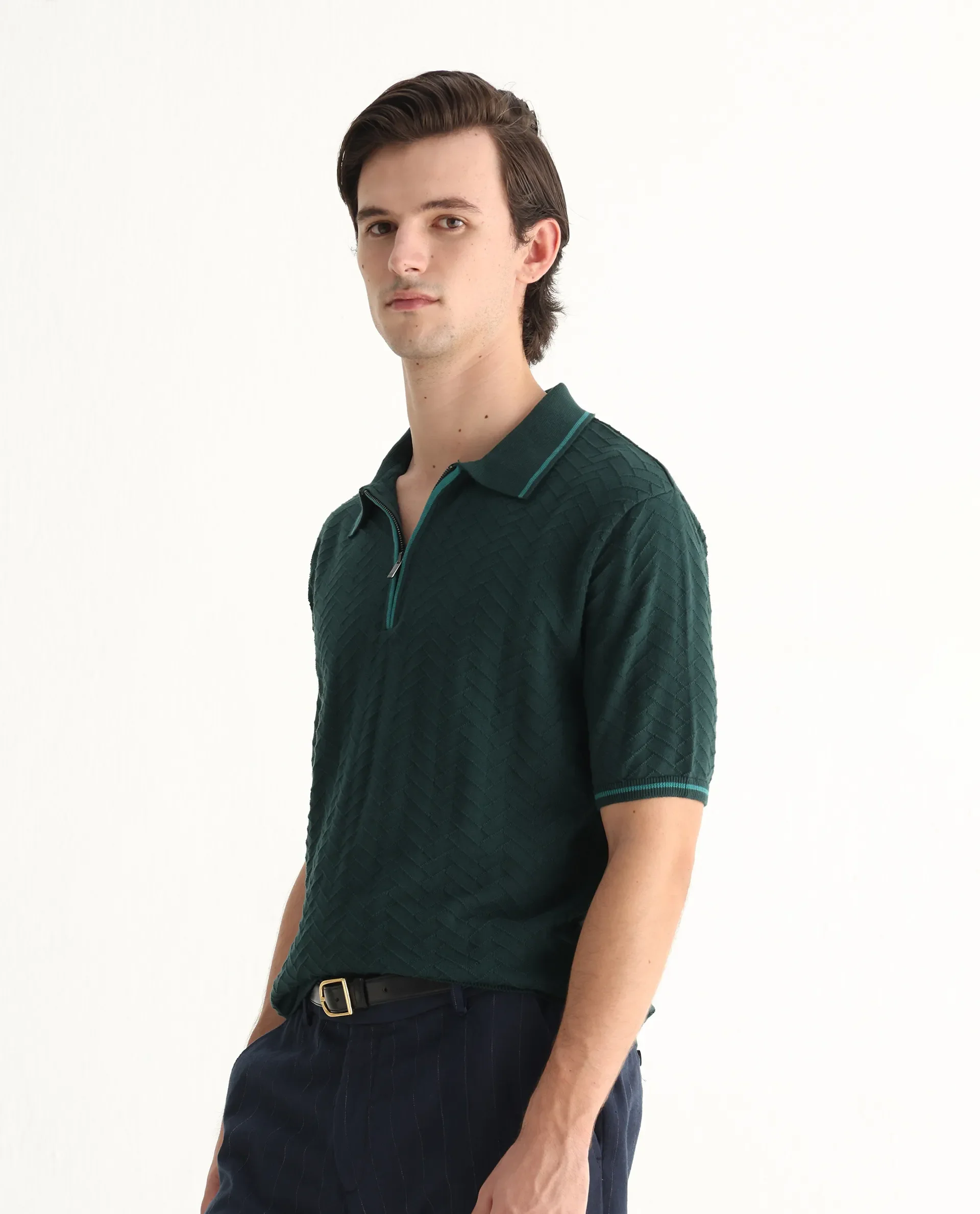 Rare Rabbit Men's Amet Dark Green Cotton Textured Regular Fit Half Sleeve Polo - Image 5