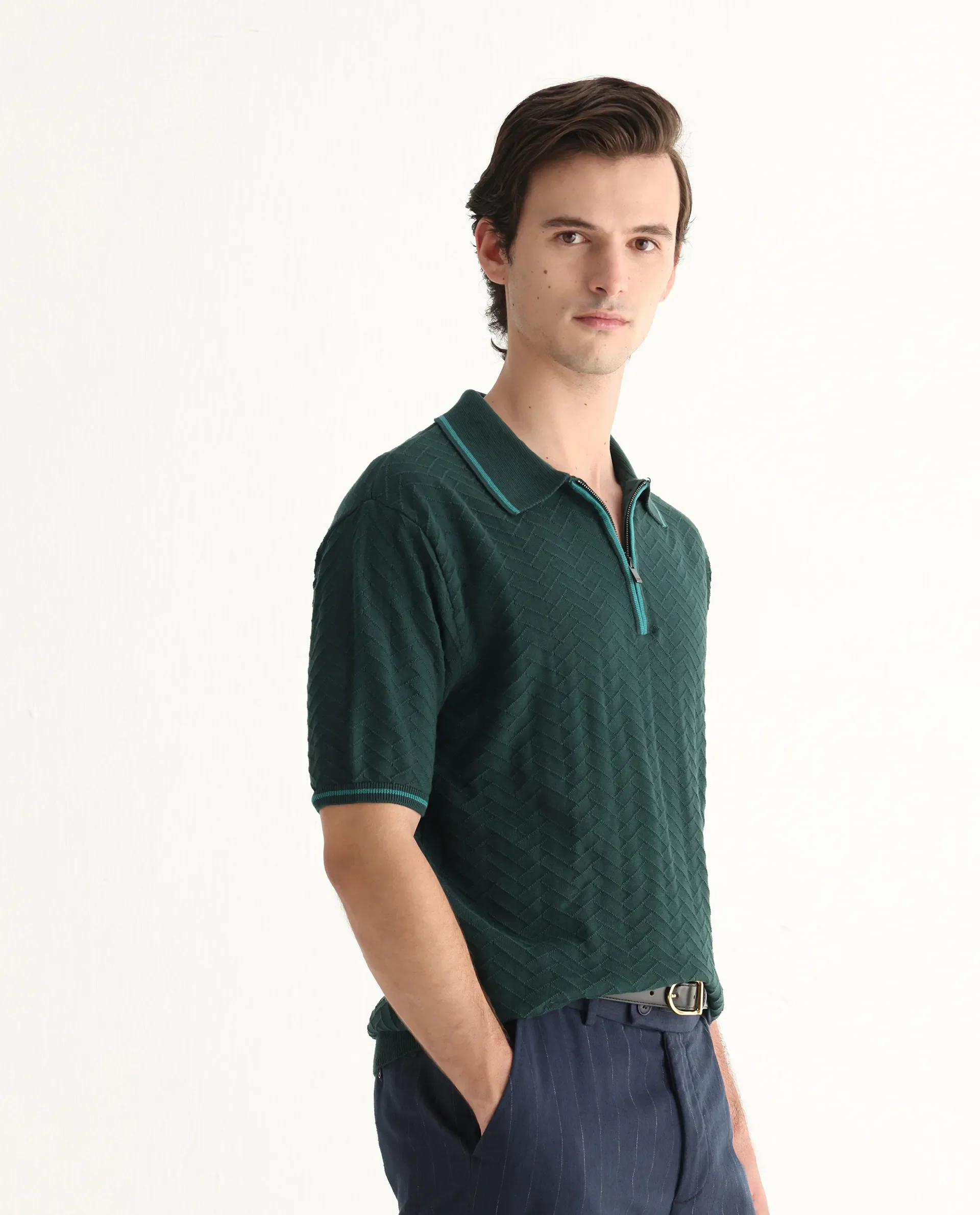 Rare Rabbit Men's Amet Dark Green Cotton Textured Regular Fit Half Sleeve Polo - Image 6