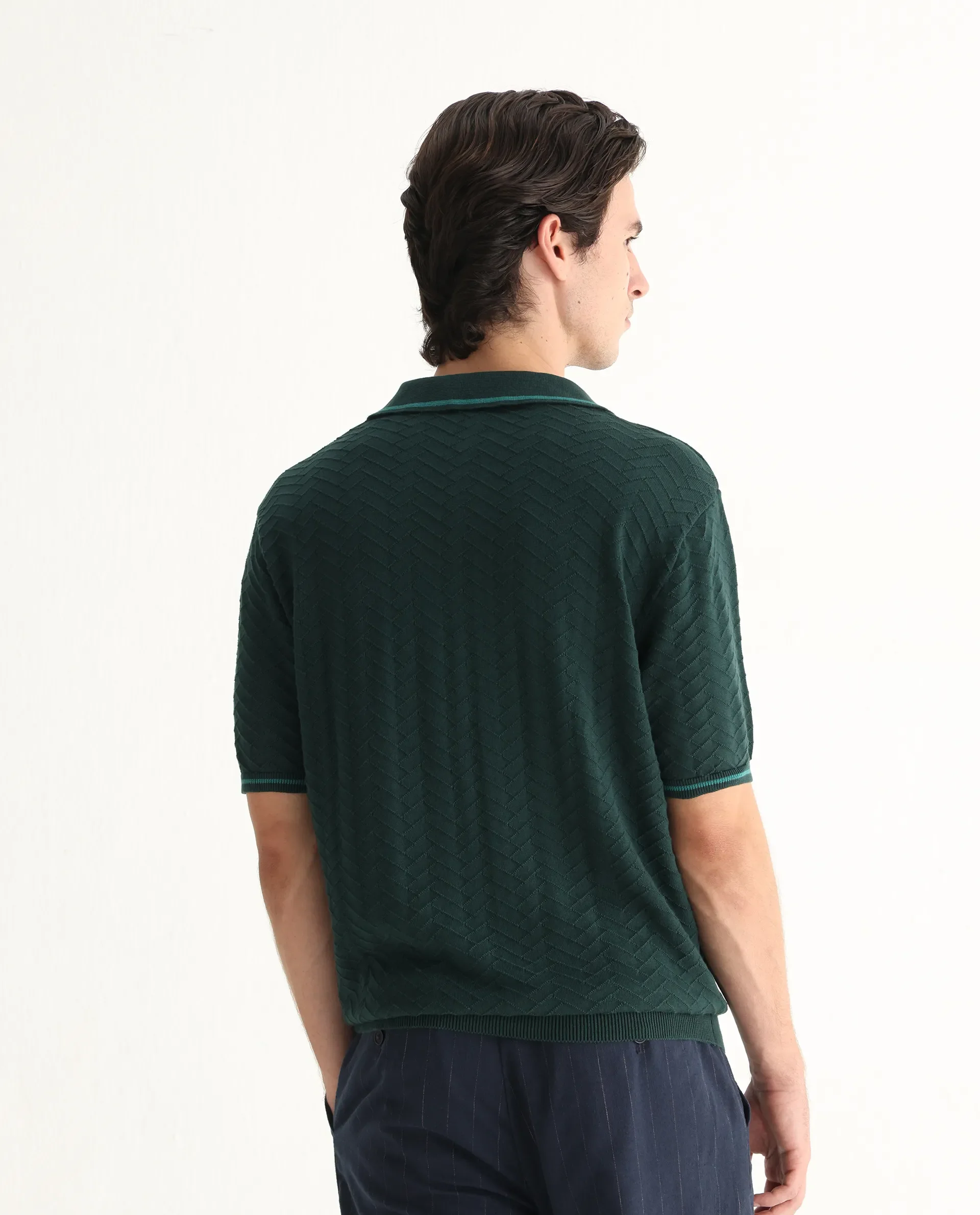 Rare Rabbit Men's Amet Dark Green Cotton Textured Regular Fit Half Sleeve Polo - Image 8