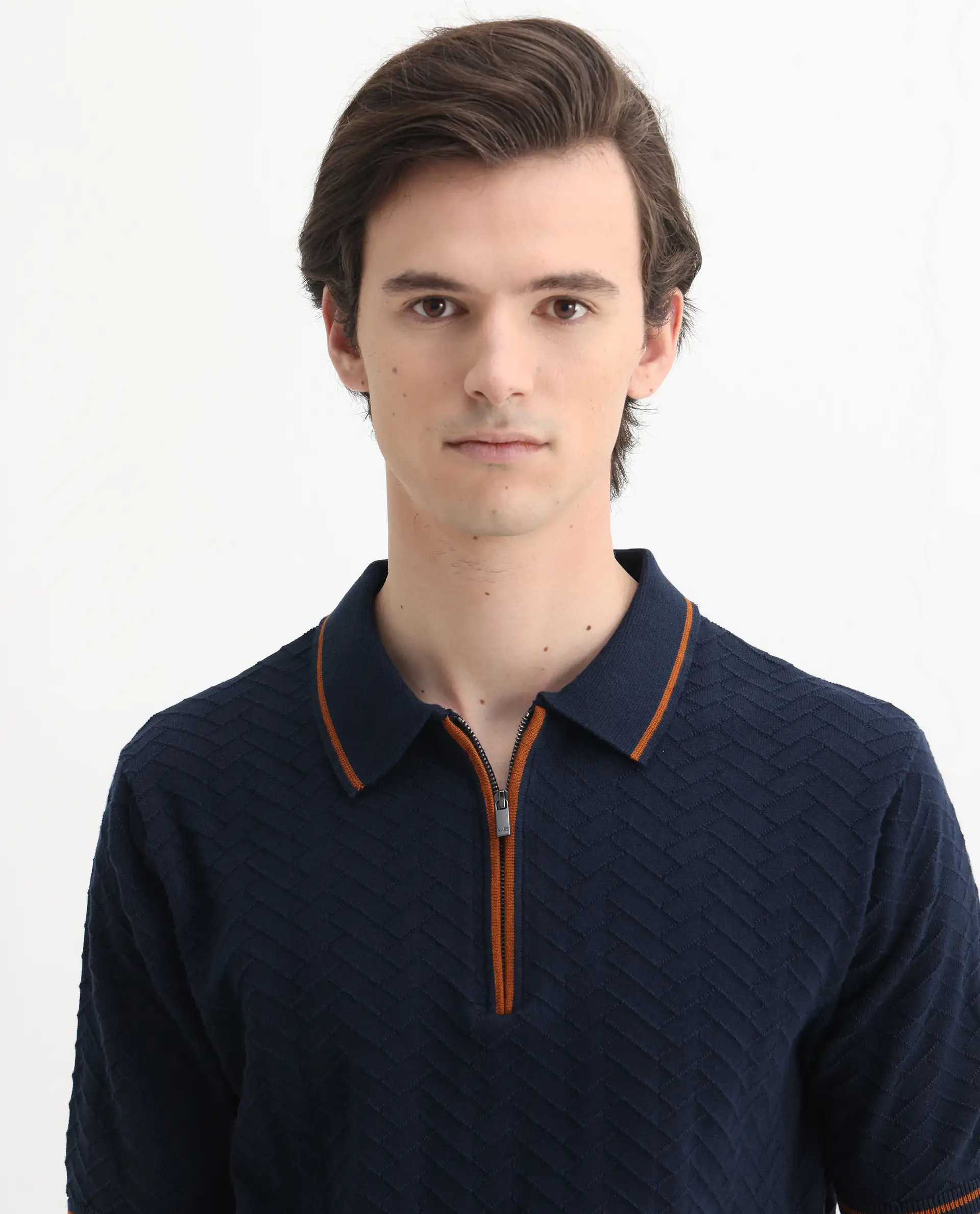 Rare Rabbit Men's Amet Navy Cotton Textured Regular Fit Half Sleeve Polo - Image 7