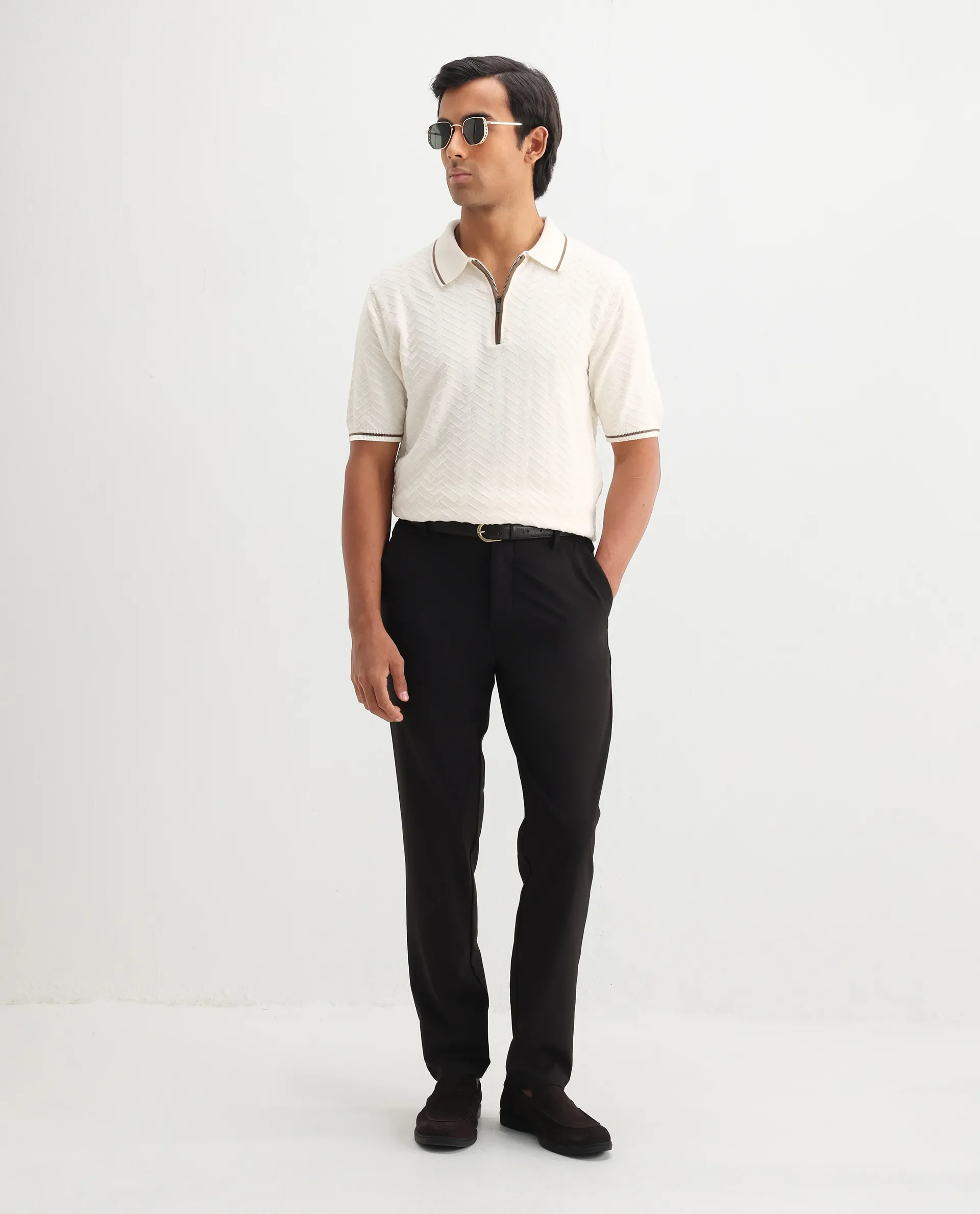 Rare Rabbit Men's Amet Off White Cotton Textured Regular Fit Half Sleeve Polo - Image 2