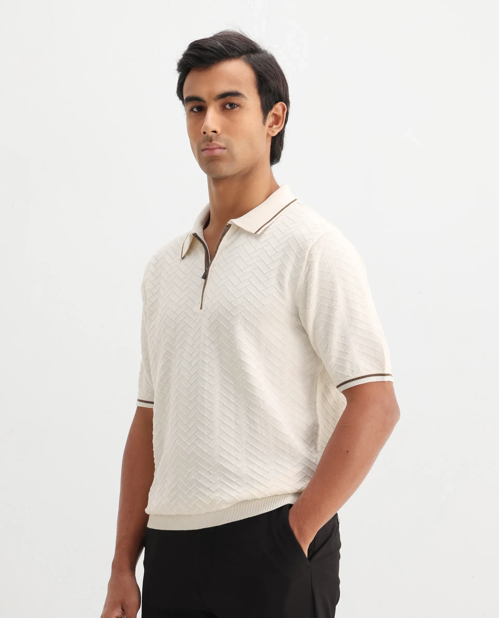 Rare Rabbit Men's Amet Off White Cotton Textured Regular Fit Half Sleeve Polo - Image 7