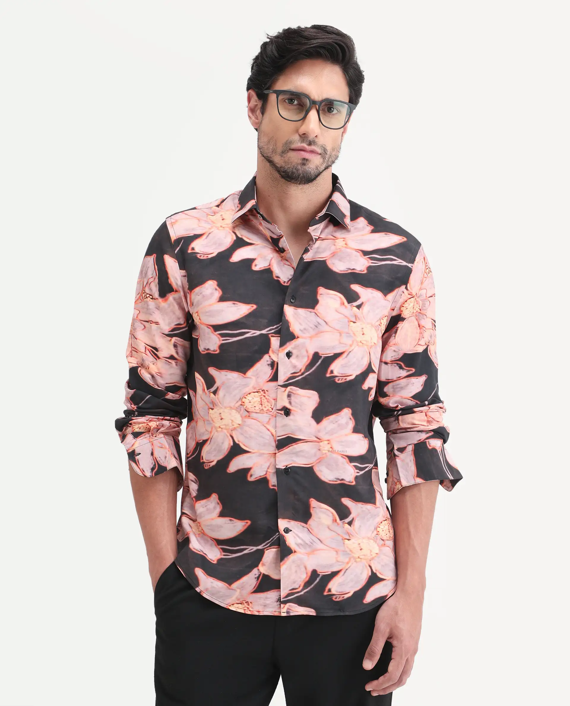 Rare Rabbit Men's Amra Black Viscose Fabric Full Sleeve Regular Fit Floral Print Shirt
