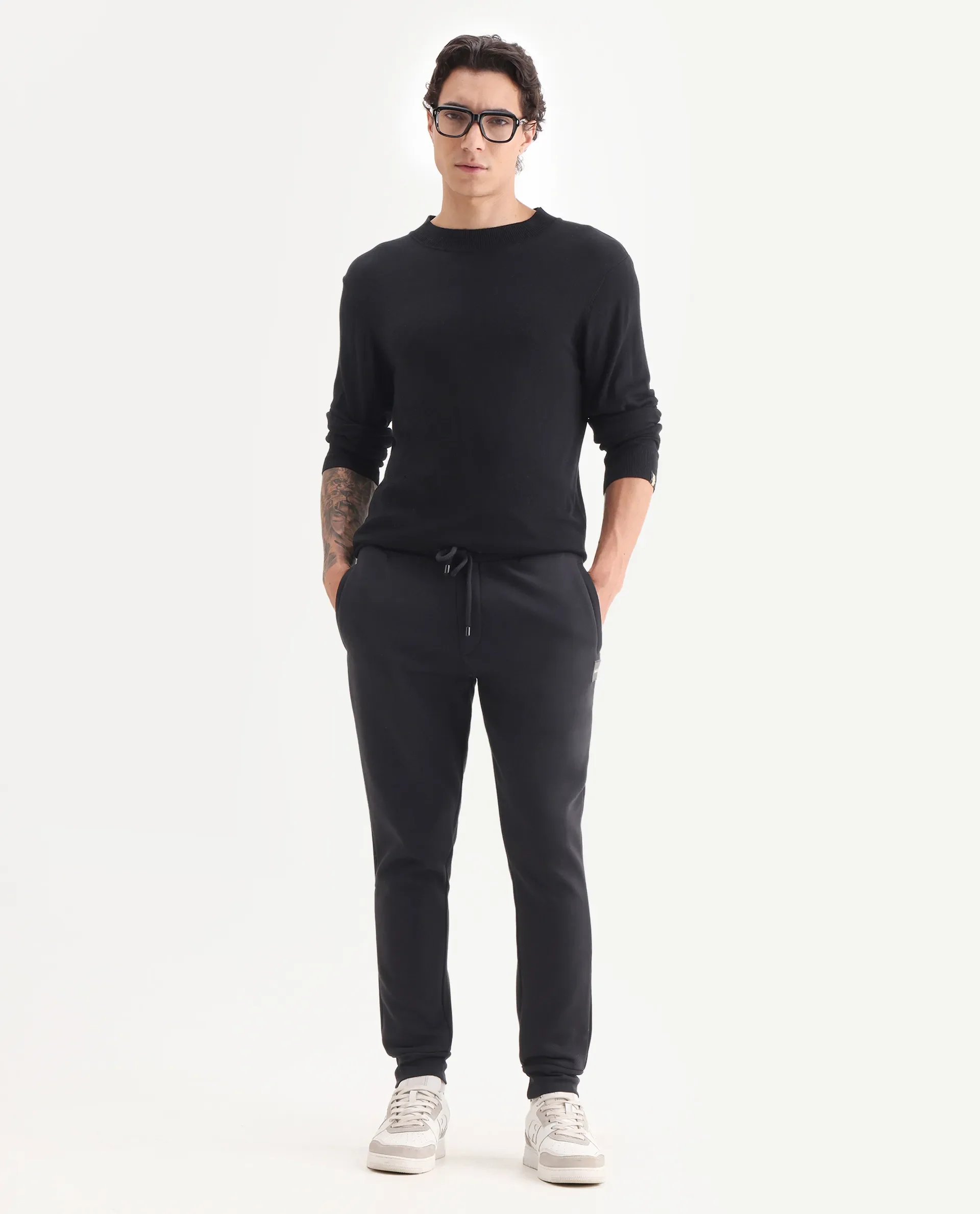 Rare Rabbit Men's Ander Black Cotton Plain Regular Fit Joggers